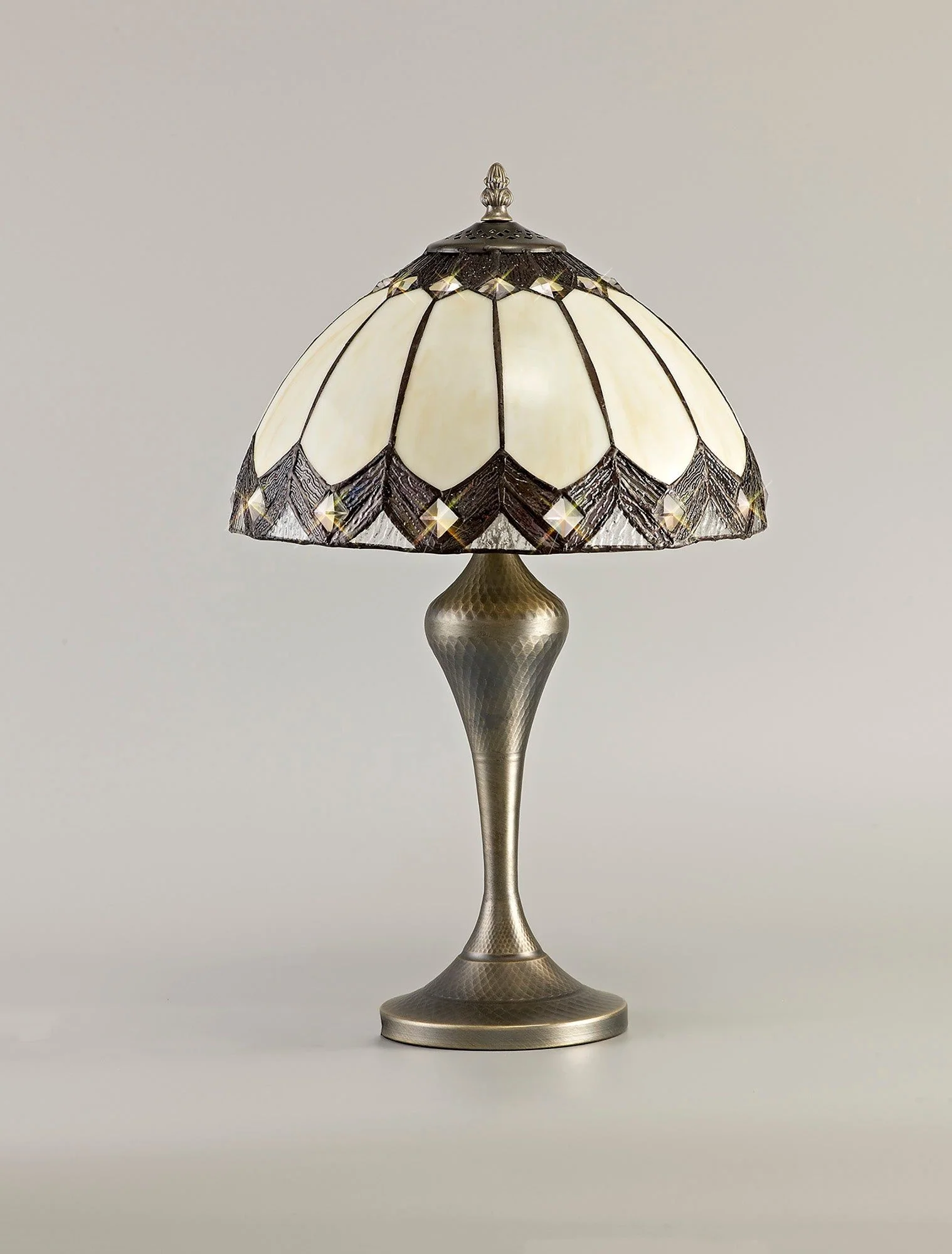 Mitra Tiffany Table Lamp, 1 x E27, Aged Antique Brass Base/Cream/Brown Glass/Clear Crystal - Image 2