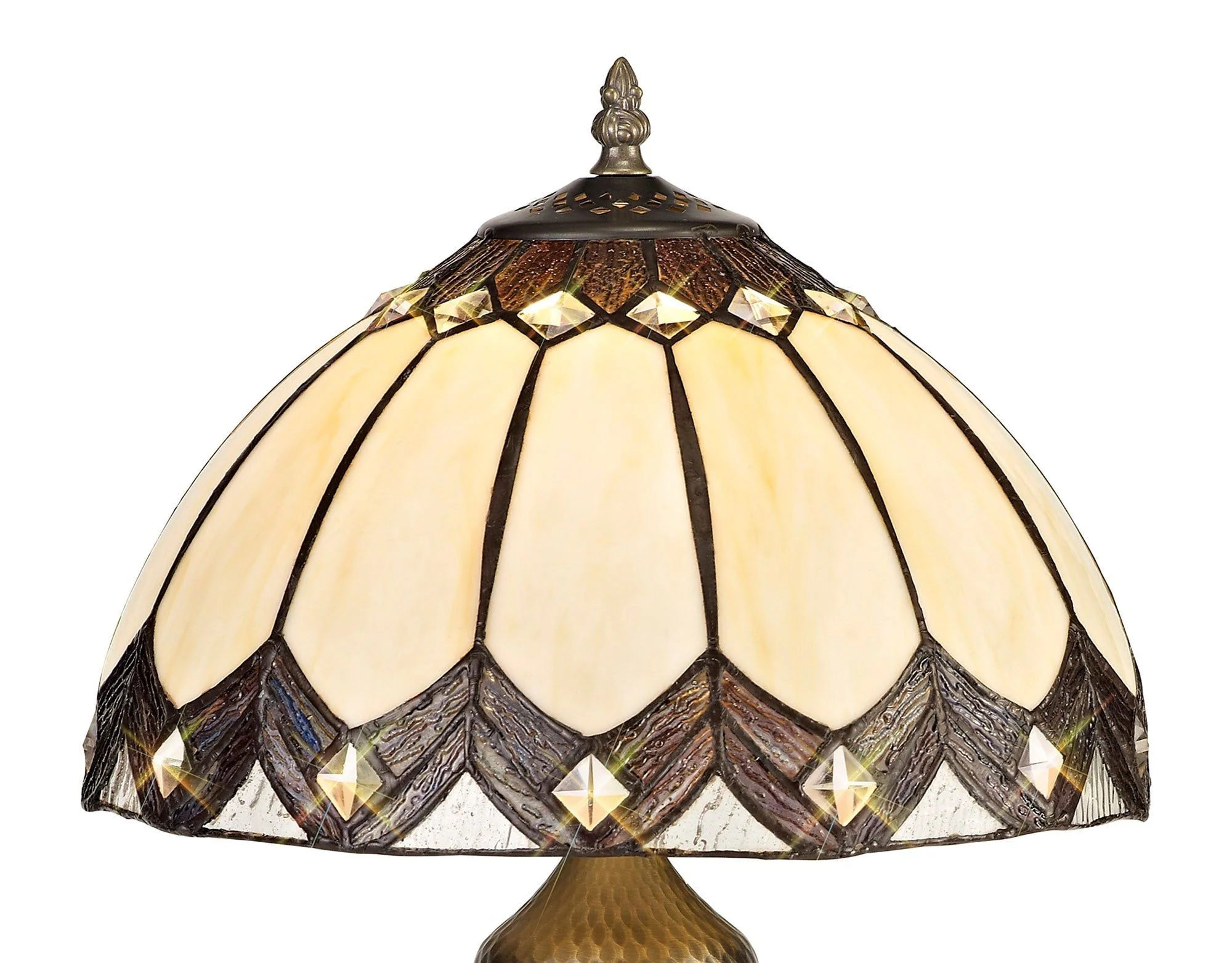 Mitra Tiffany Table Lamp, 1 x E27, Aged Antique Brass Base/Cream/Brown Glass/Clear Crystal - Image 3