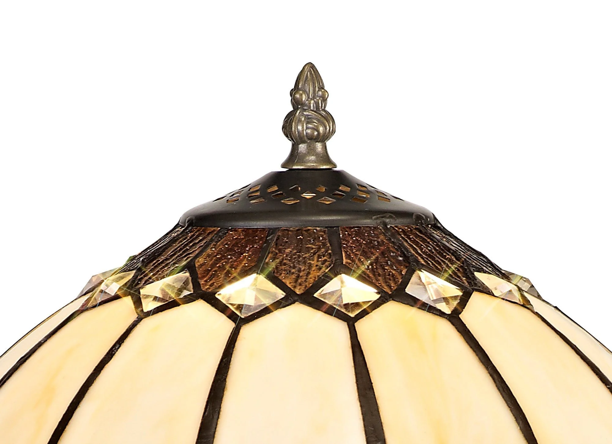 Mitra Tiffany Table Lamp, 1 x E27, Aged Antique Brass Base/Cream/Brown Glass/Clear Crystal - Image 5