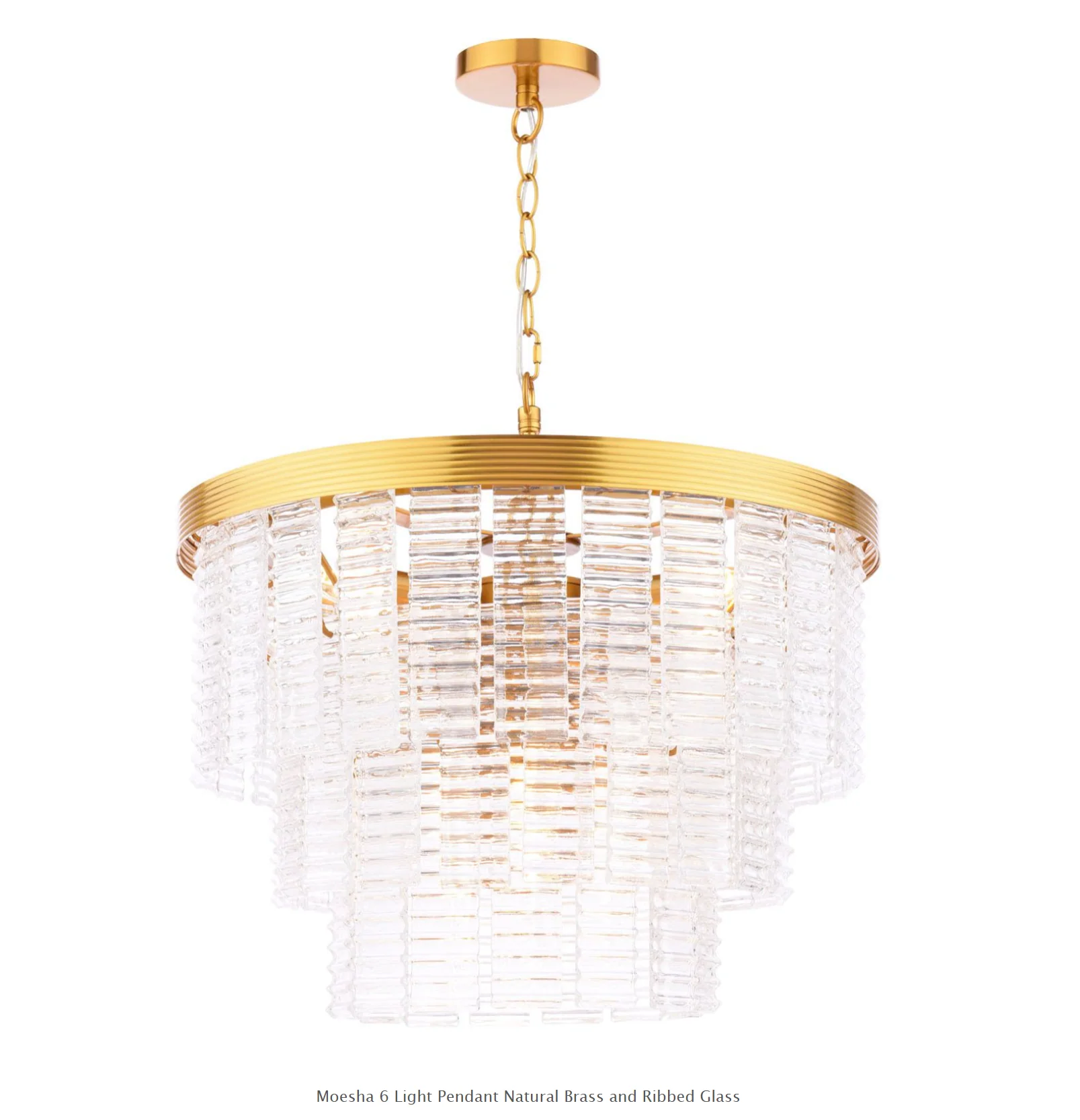 Moesha 6 Light Pendant- Natural Brass and Ribbed Glass - Image 9