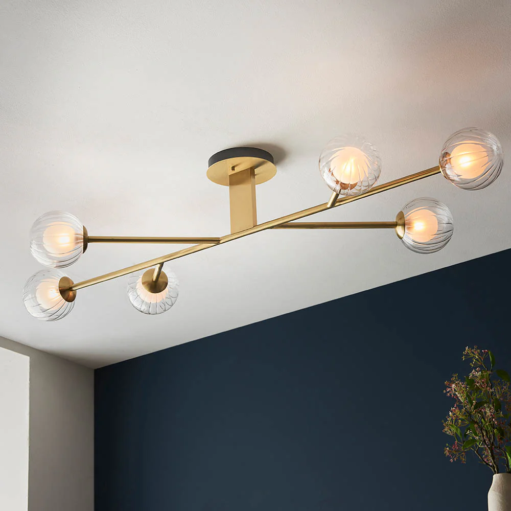 Muscovy 6lt Semi Flush Ceiling Light - Satin Brass Clear Ribbed Frosted Glass - Image 2
