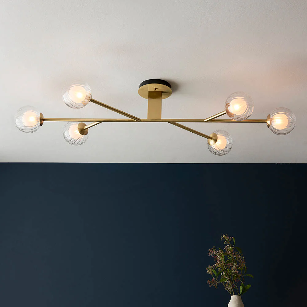 Muscovy 6lt Semi Flush Ceiling Light - Satin Brass Clear Ribbed Frosted Glass - Image 3