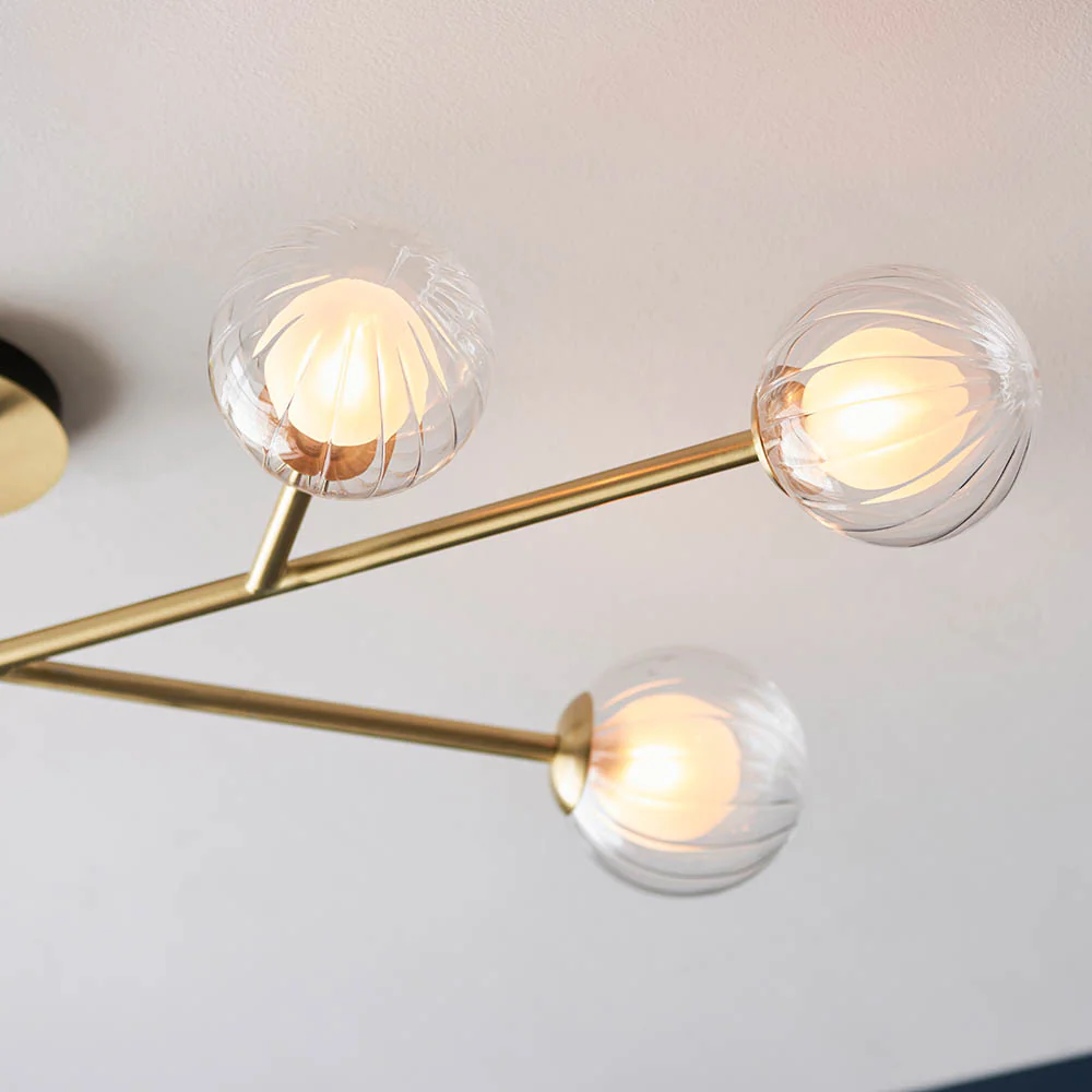 Muscovy 6lt Semi Flush Ceiling Light - Satin Brass Clear Ribbed Frosted Glass - Image 4