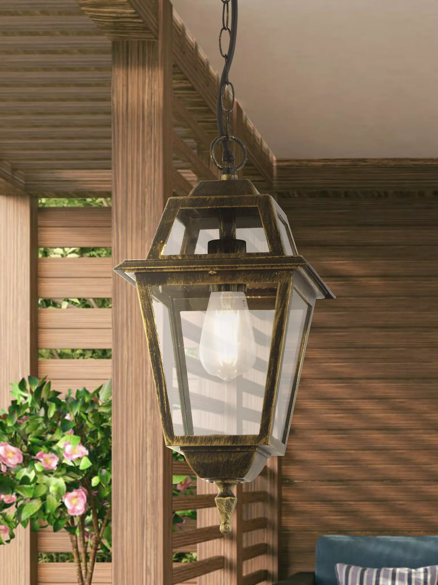 New Orleans Pendant Lantern- Black Gold & Glass,IP44 - Image 5