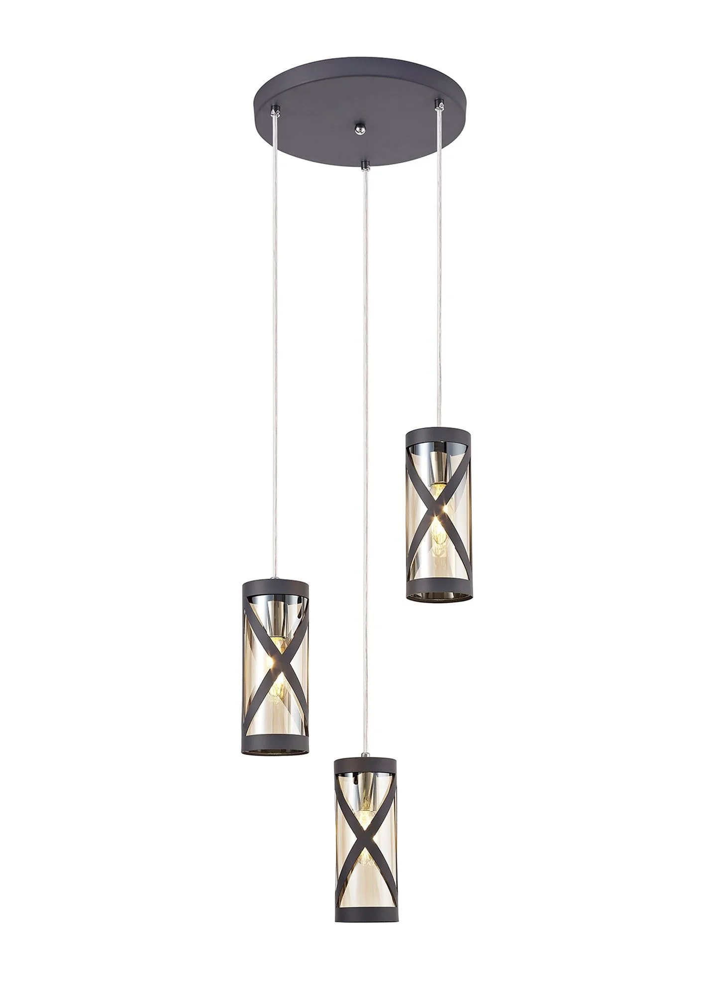 Nivea 3 Light Round Pendant E14, Oiled Bronze/Matt Grey/Polished Chrome/Cognac - Image 5