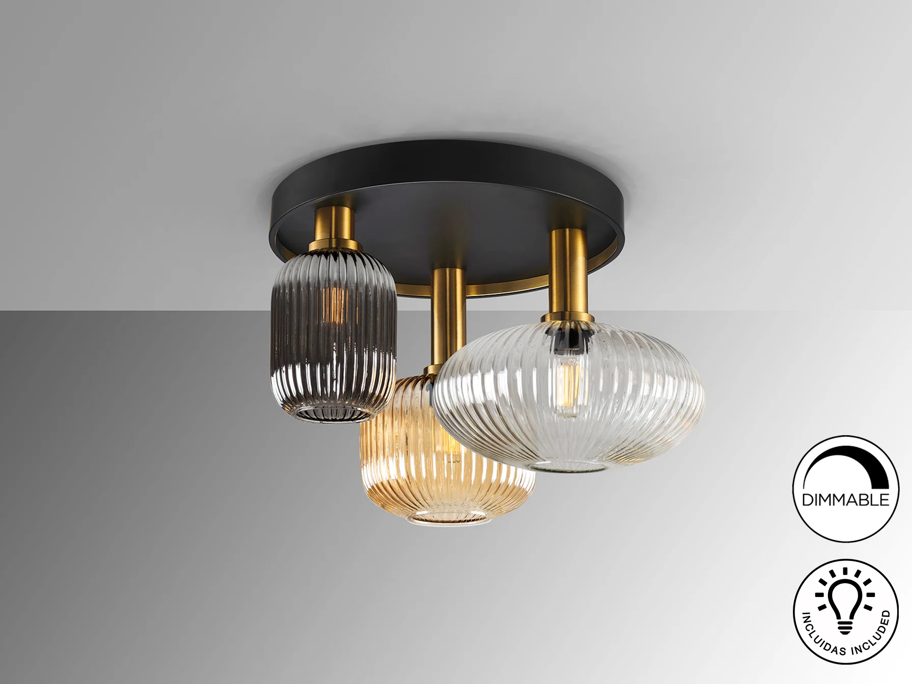 Norma 3Lt Semi-Flush Ceiling Lamp - Black/Brass - Image 3