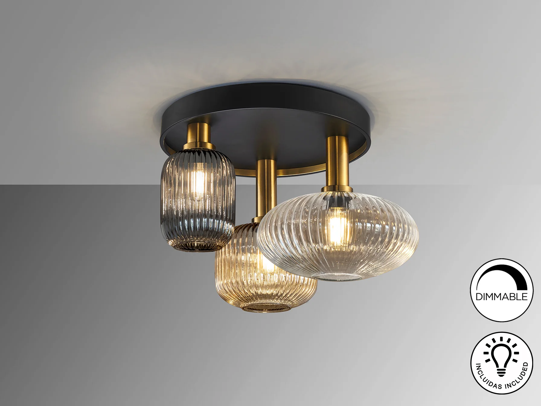 Norma 3Lt Semi-Flush Ceiling Lamp - Black/Brass - Image 4