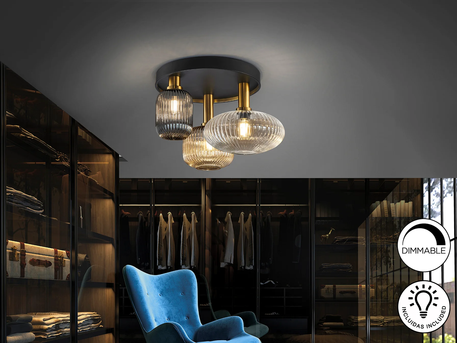 Norma 3Lt Semi-Flush Ceiling Lamp - Black/Brass - Image 6