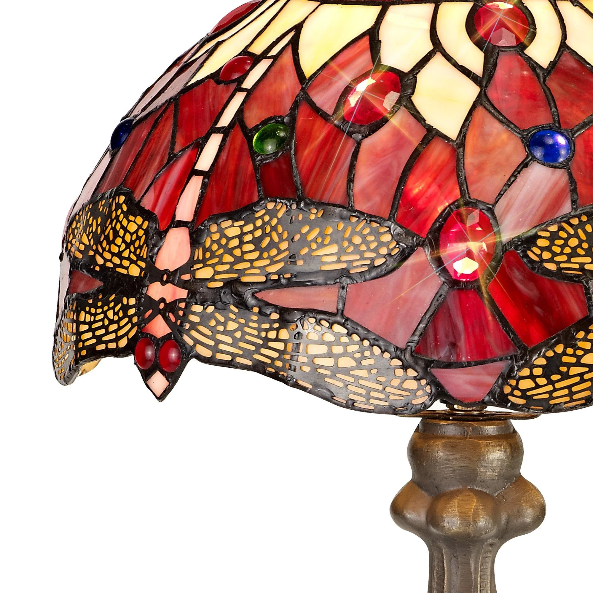 Nuflur 1 Light Curved Table Lamp E27 With 30cm Tiffany Shade, Blue/Orange/Crystal/Aged Antique Brass, Purple/Pink/Crystal/Aged Antique Brass - Image 4