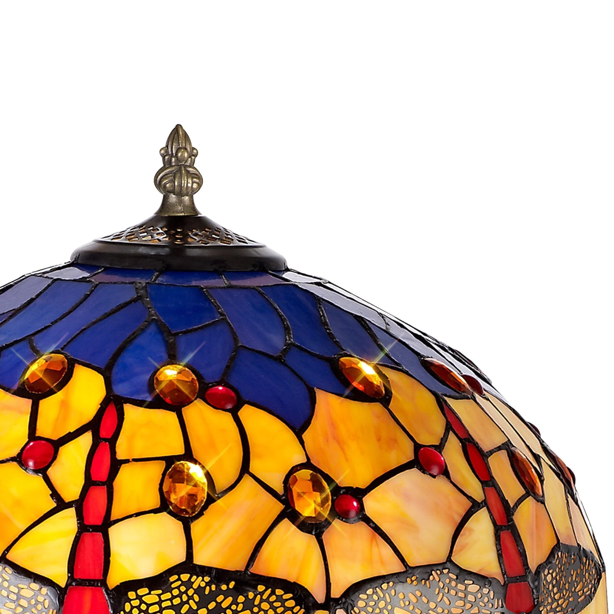 Nuflur 2 Light Octagonal Table Lamp E27 With 40cm Tiffany Shade, Blue/Orange/Crystal/Aged Antique Brass - Image 5