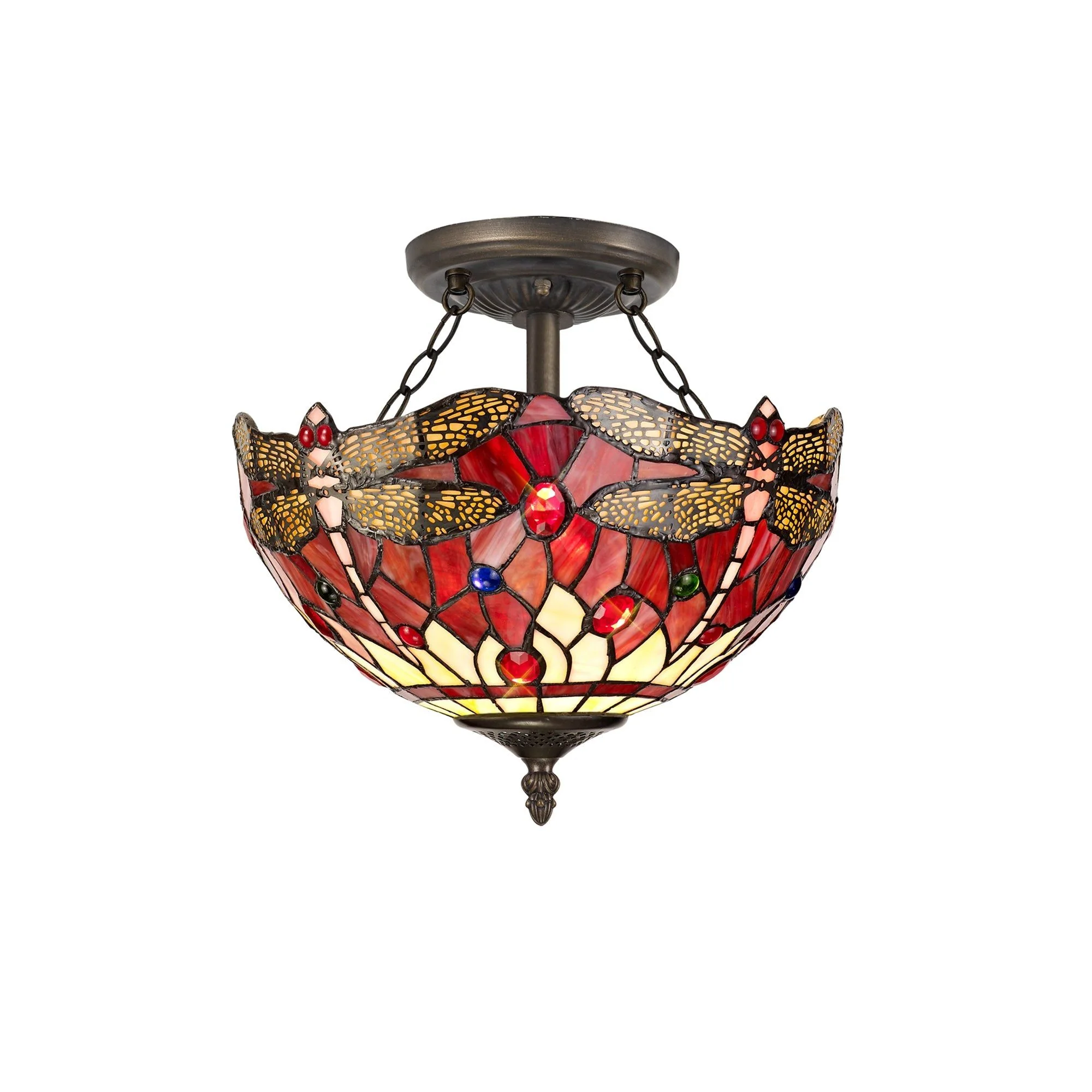 Nuflur 2 Light Semi Ceiling E27 With 30cm Tiffany Shade, Blue/Orange/Crystal/Aged Antique Brass - Image 2