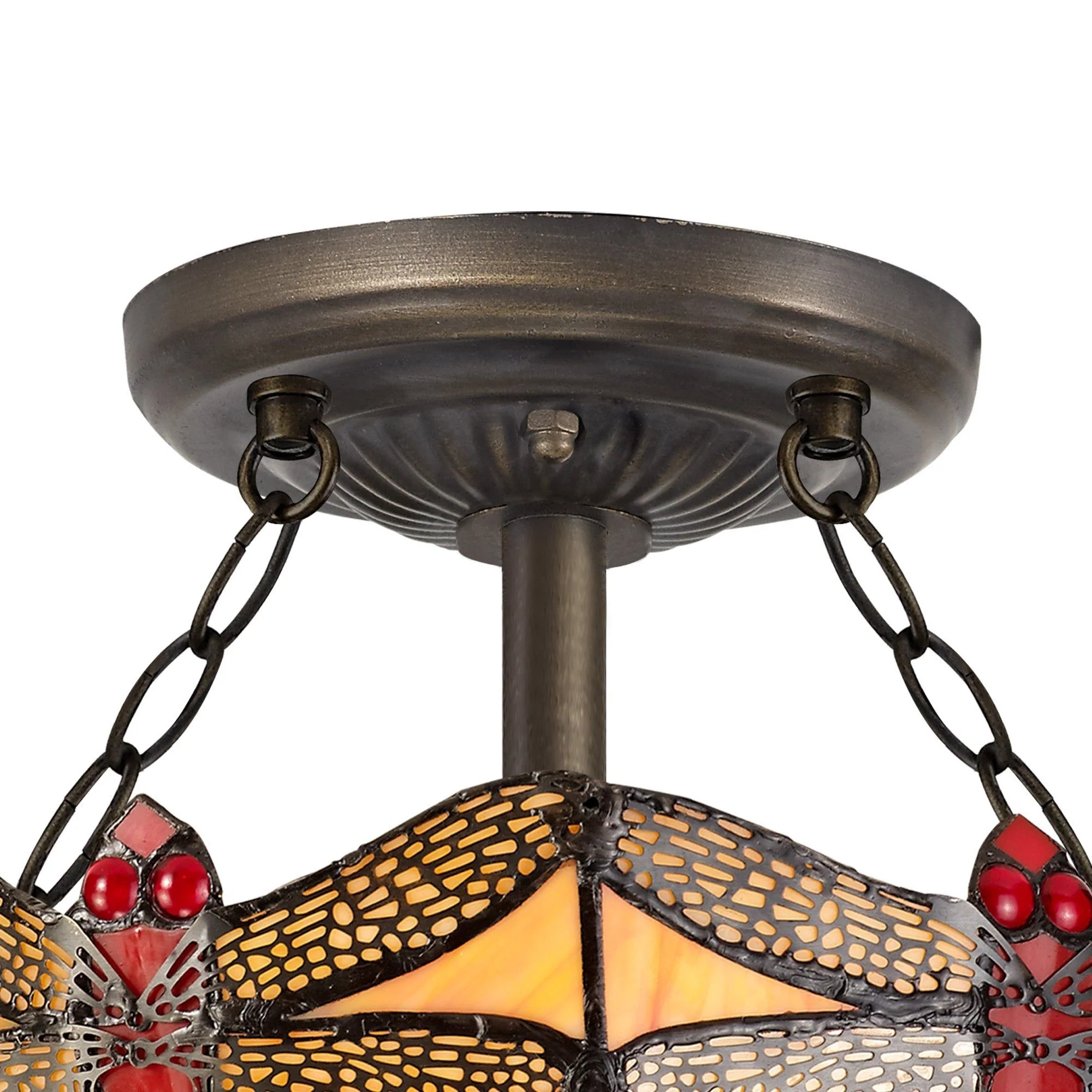 Nuflur 2 Light Semi Ceiling E27 With 30cm Tiffany Shade, Blue/Orange/Crystal/Aged Antique Brass - Image 3