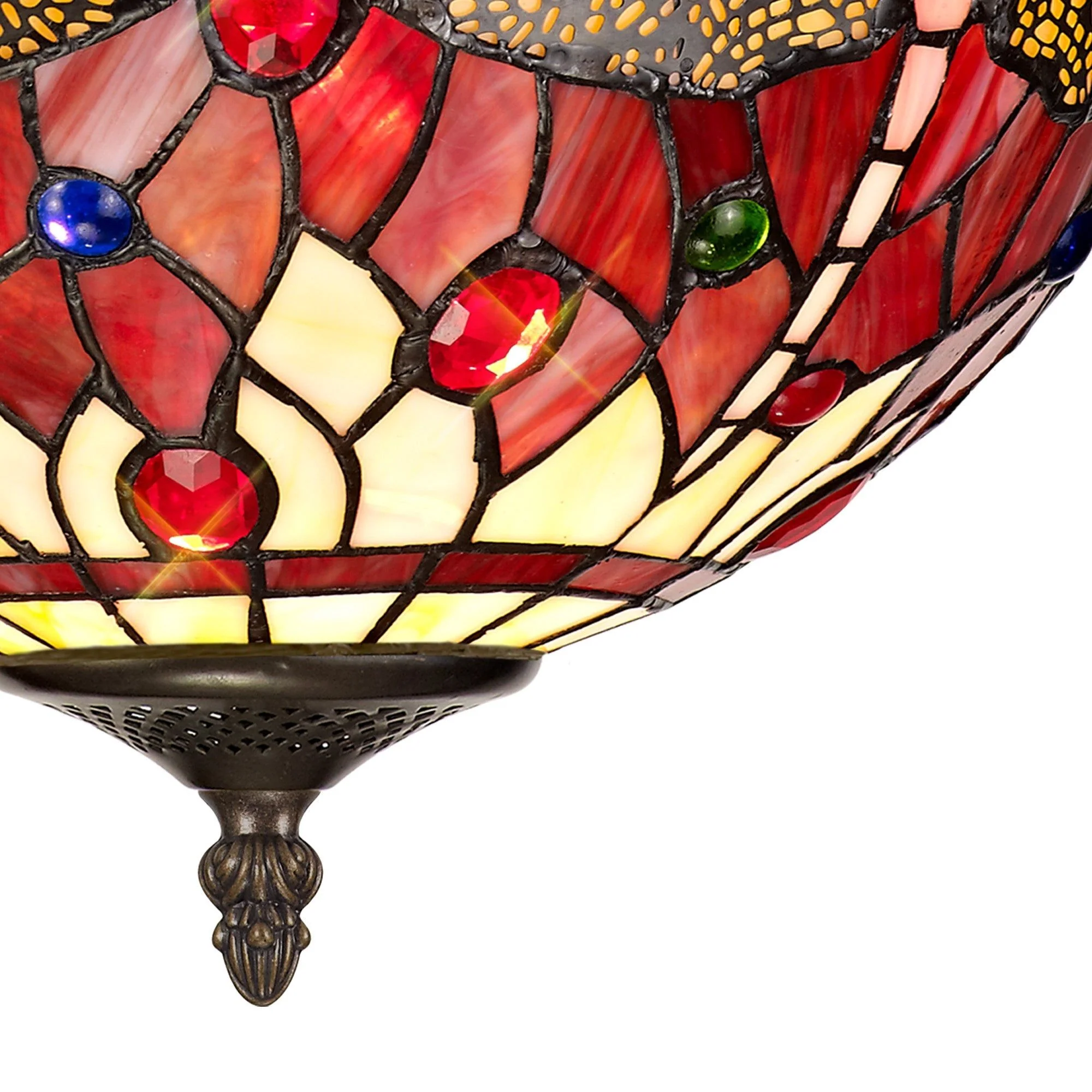 Nuflur 2 Light Semi Ceiling E27 With 30cm Tiffany Shade, Blue/Orange/Crystal/Aged Antique Brass - Image 4