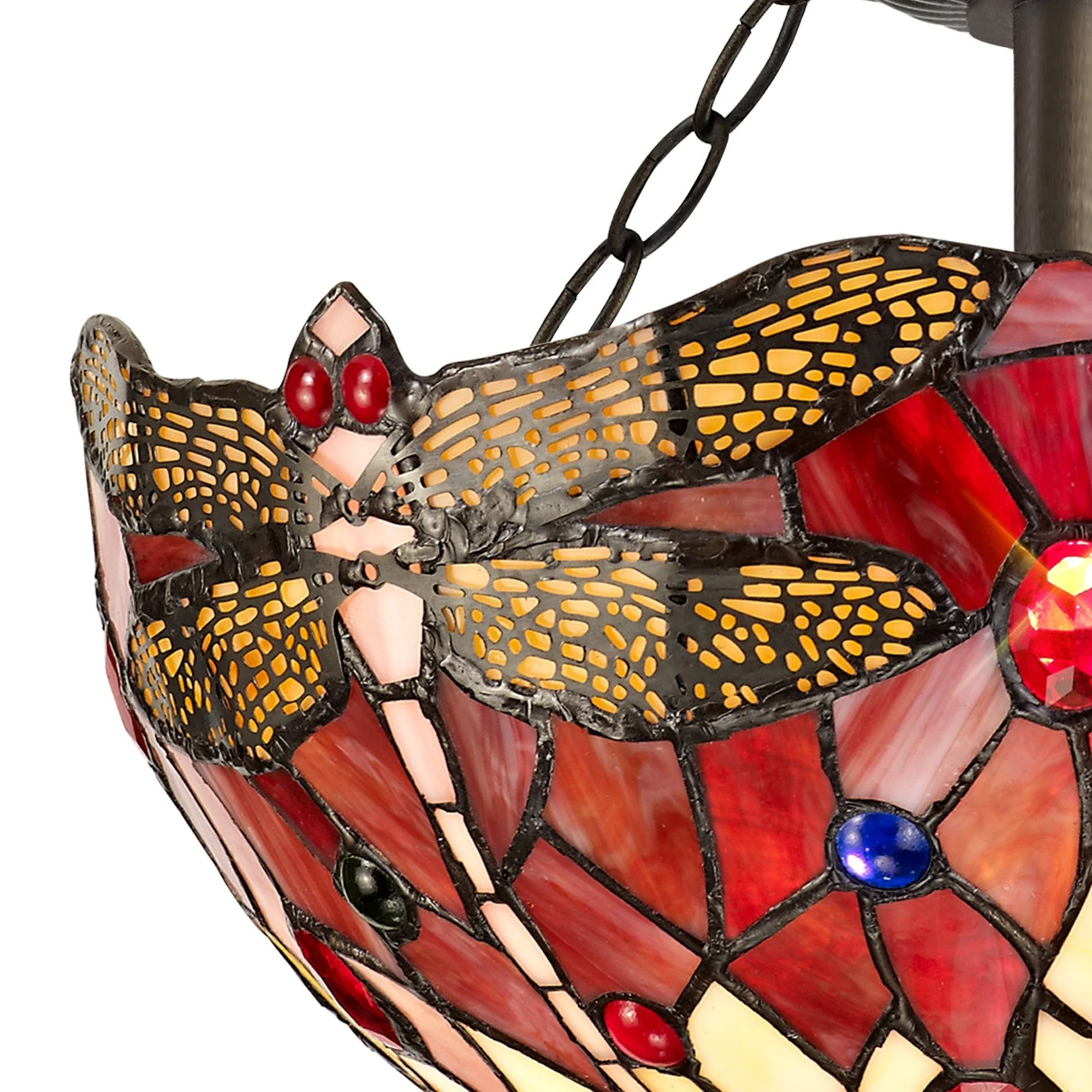 Nuflur 2 Light Semi Ceiling E27 With 30cm Tiffany Shade, Blue/Orange/Crystal/Aged Antique Brass - Image 5