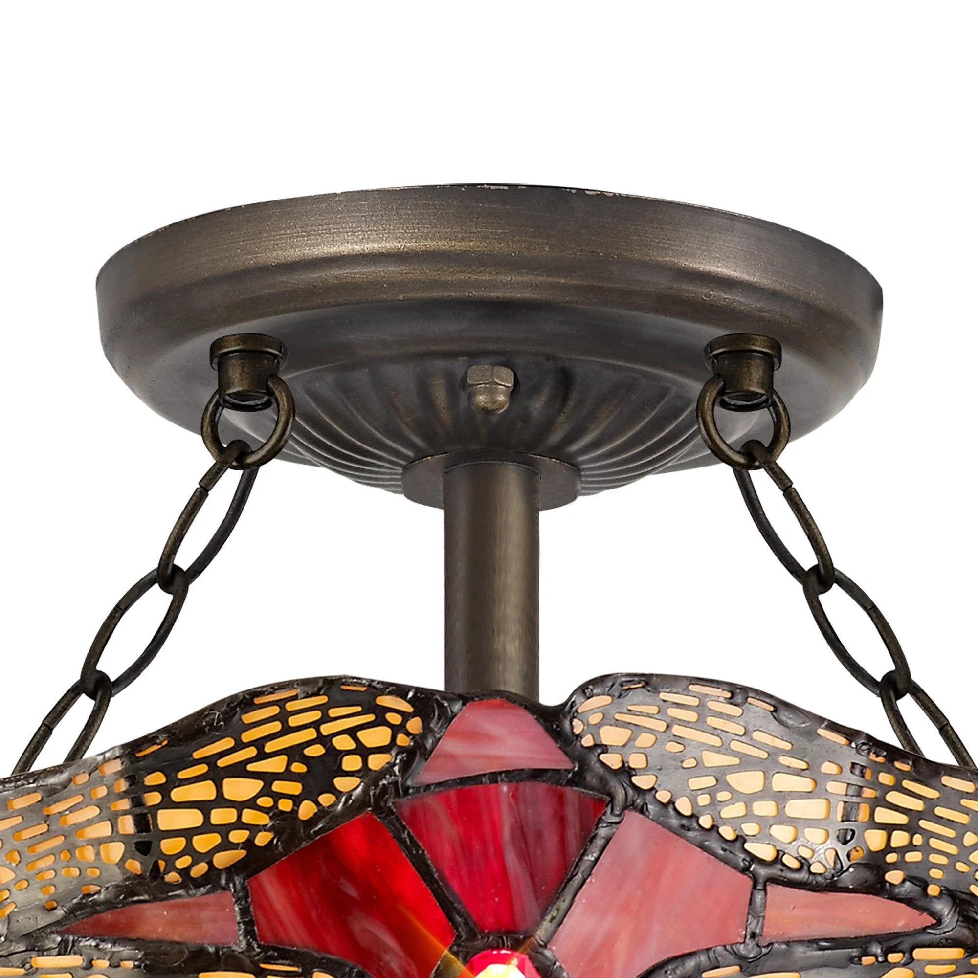 Nuflur 2 Light Semi Ceiling E27 With 30cm Tiffany Shade, Blue/Orange/Crystal/Aged Antique Brass - Image 6
