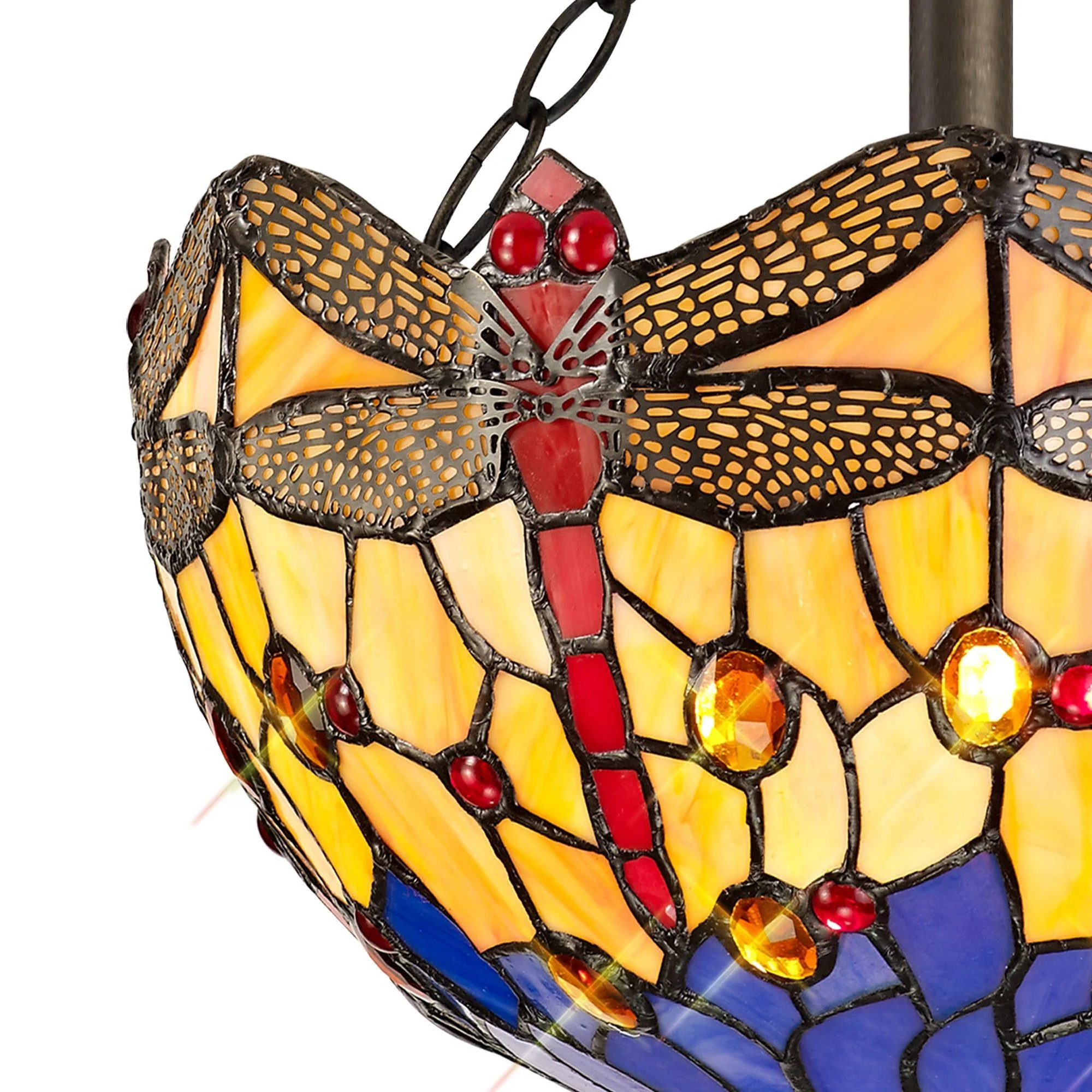 Nuflur 2 Light Semi Ceiling E27 With 30cm Tiffany Shade, Blue/Orange/Crystal/Aged Antique Brass - Image 7