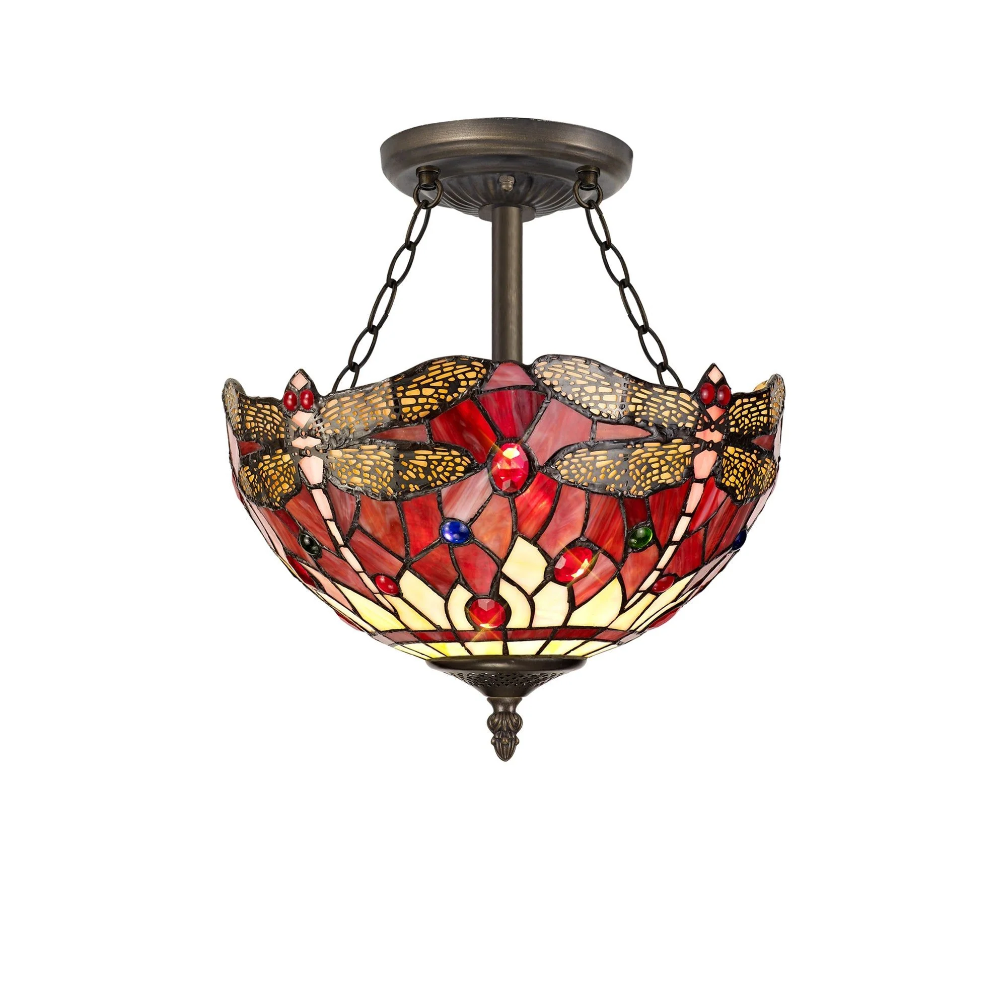 Nuflur 3 Light Semi Ceiling E27 With 30cm Tiffany Shade, Blue/Orange/Crystal/Aged Antique Brass - Image 2