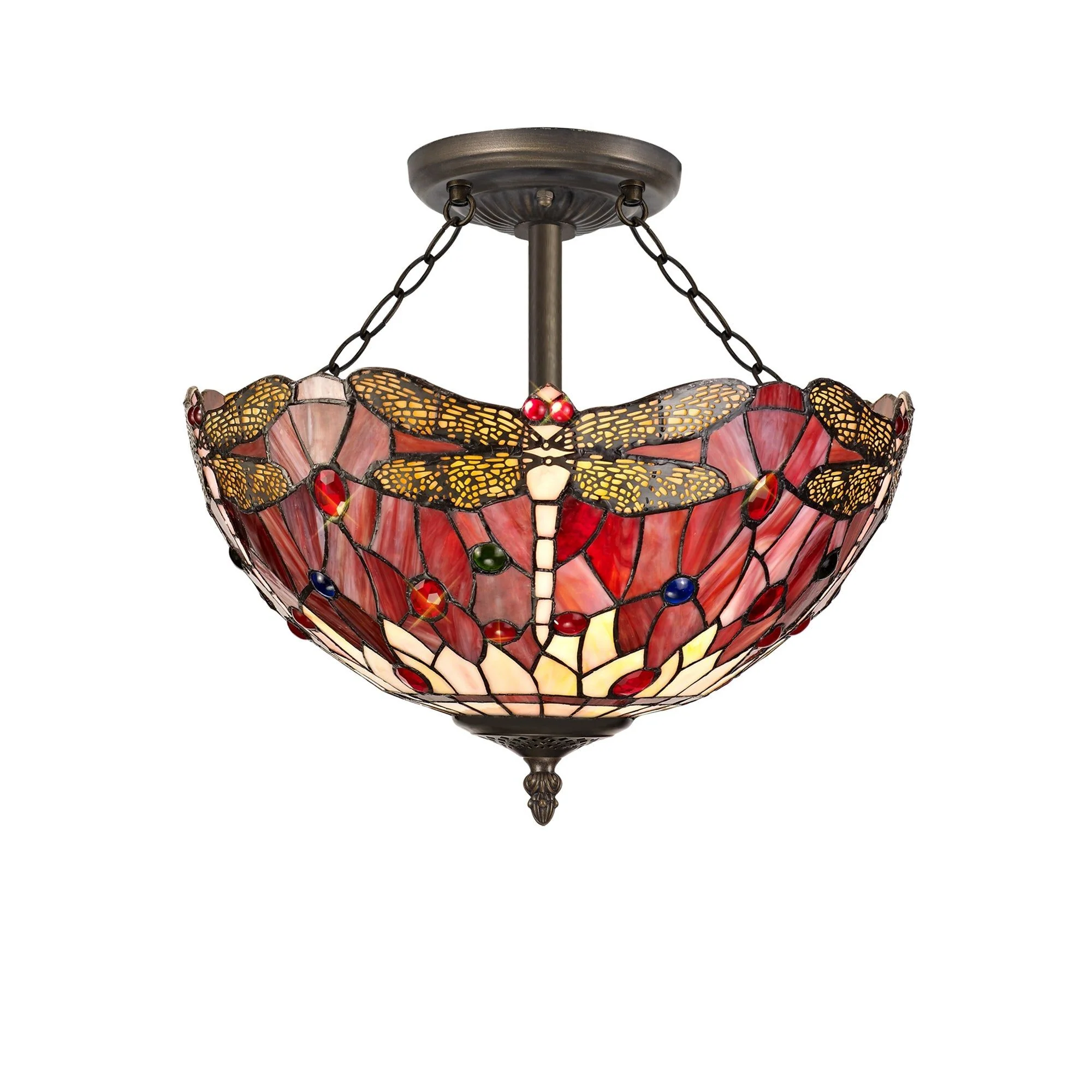 Nuflur 3 Light Semi Ceiling E27 With 30cm Tiffany Shade, Blue/Orange/Crystal/Aged Antique Brass - Image 3