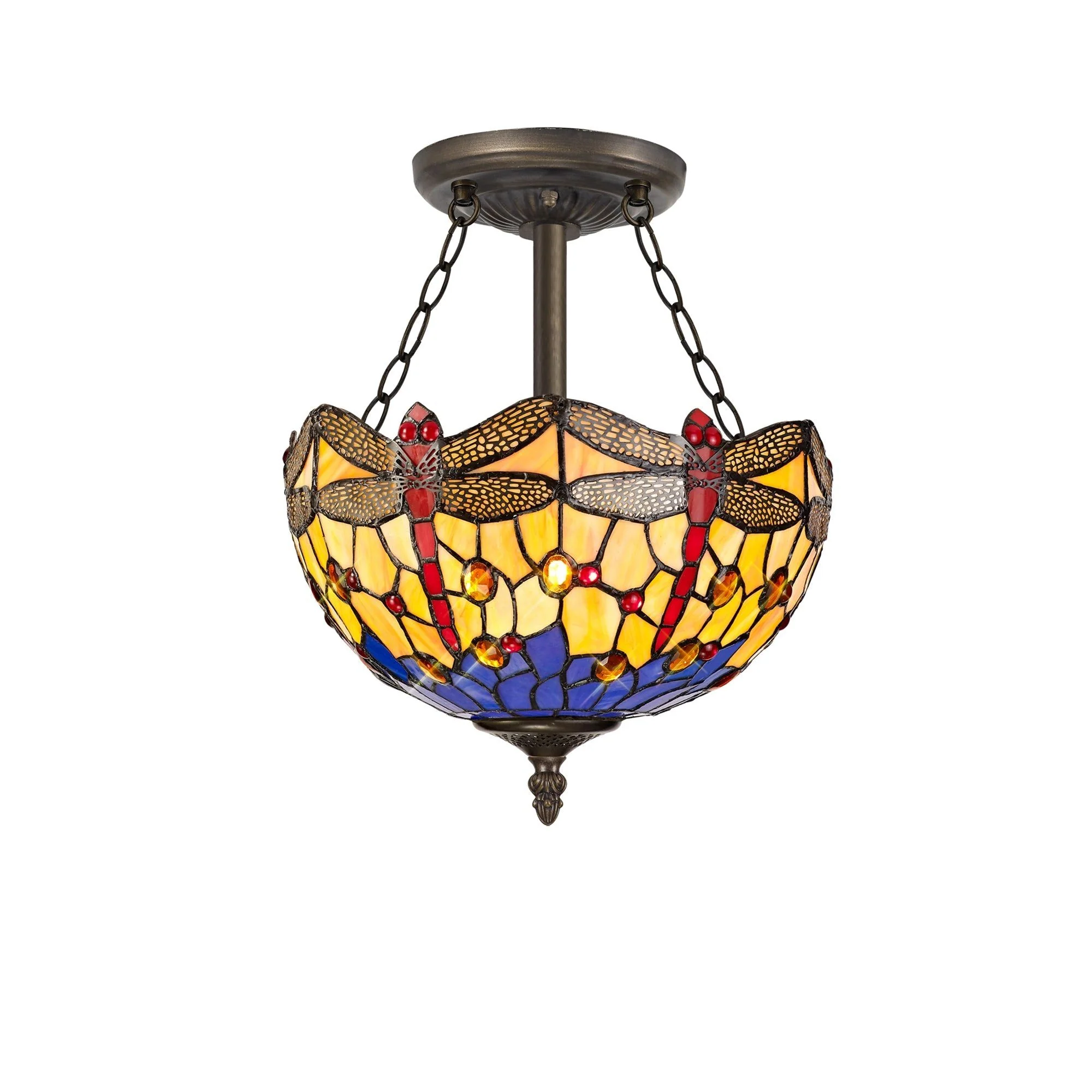 Nuflur 3 Light Semi Ceiling E27 With 30cm Tiffany Shade, Blue/Orange/Crystal/Aged Antique Brass - Image 4
