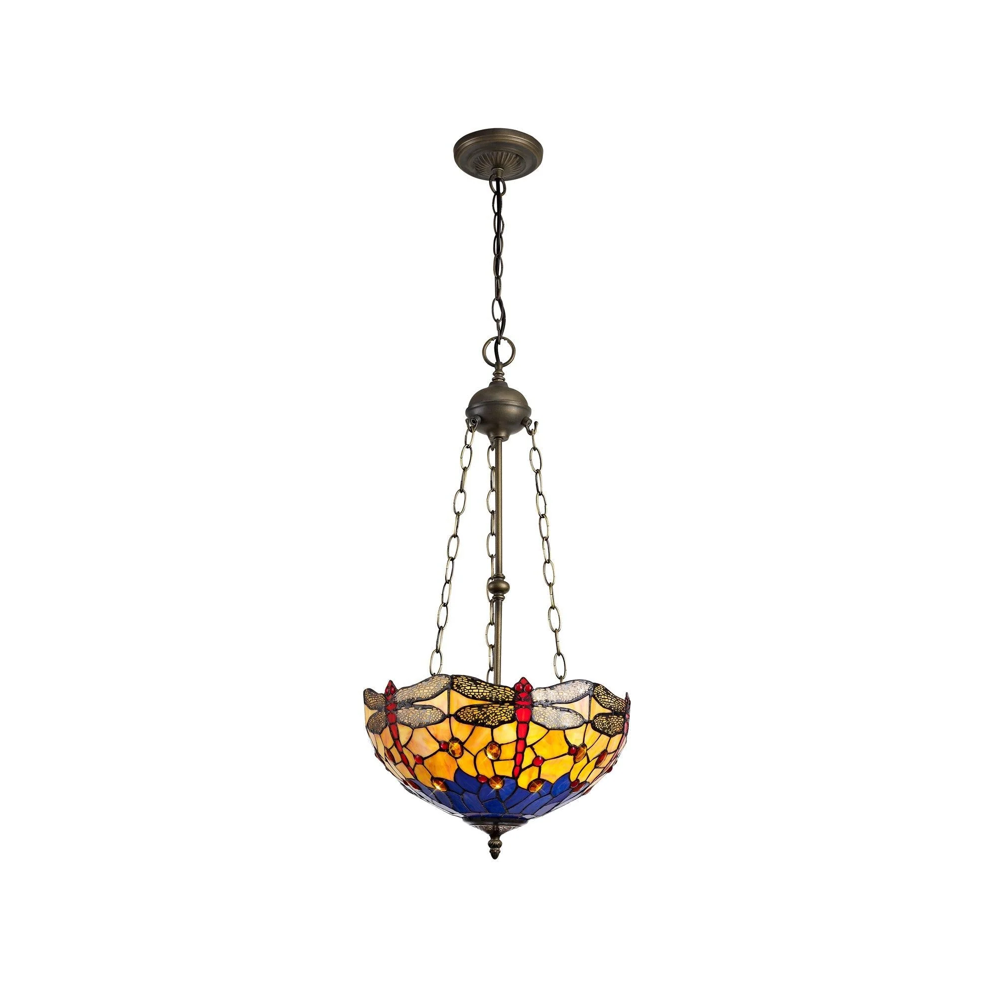 Nuflur 3 Light Uplighter Pendant E27 With 30cm Tiffany Shade, Antique Brass - Image 2