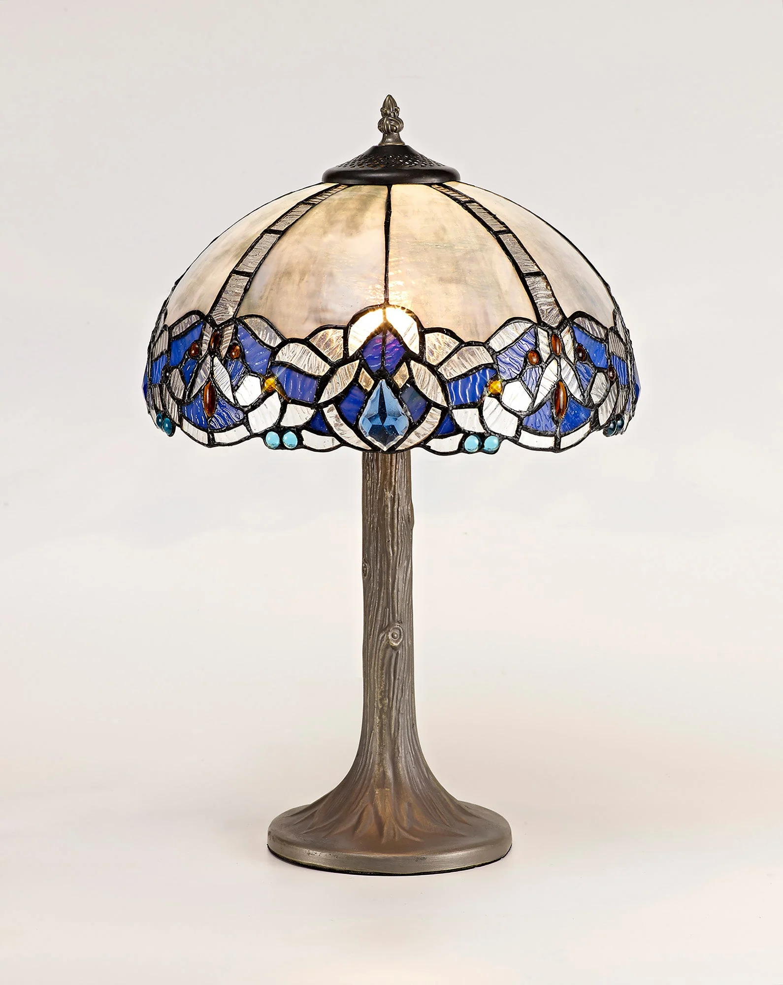 Oksana 1/2 Light Octagonal/Tree/Curved Table Lamp E27 With Tiffany Shade, Blue & Clear Crystal & Aged Antique Brass - Image 10