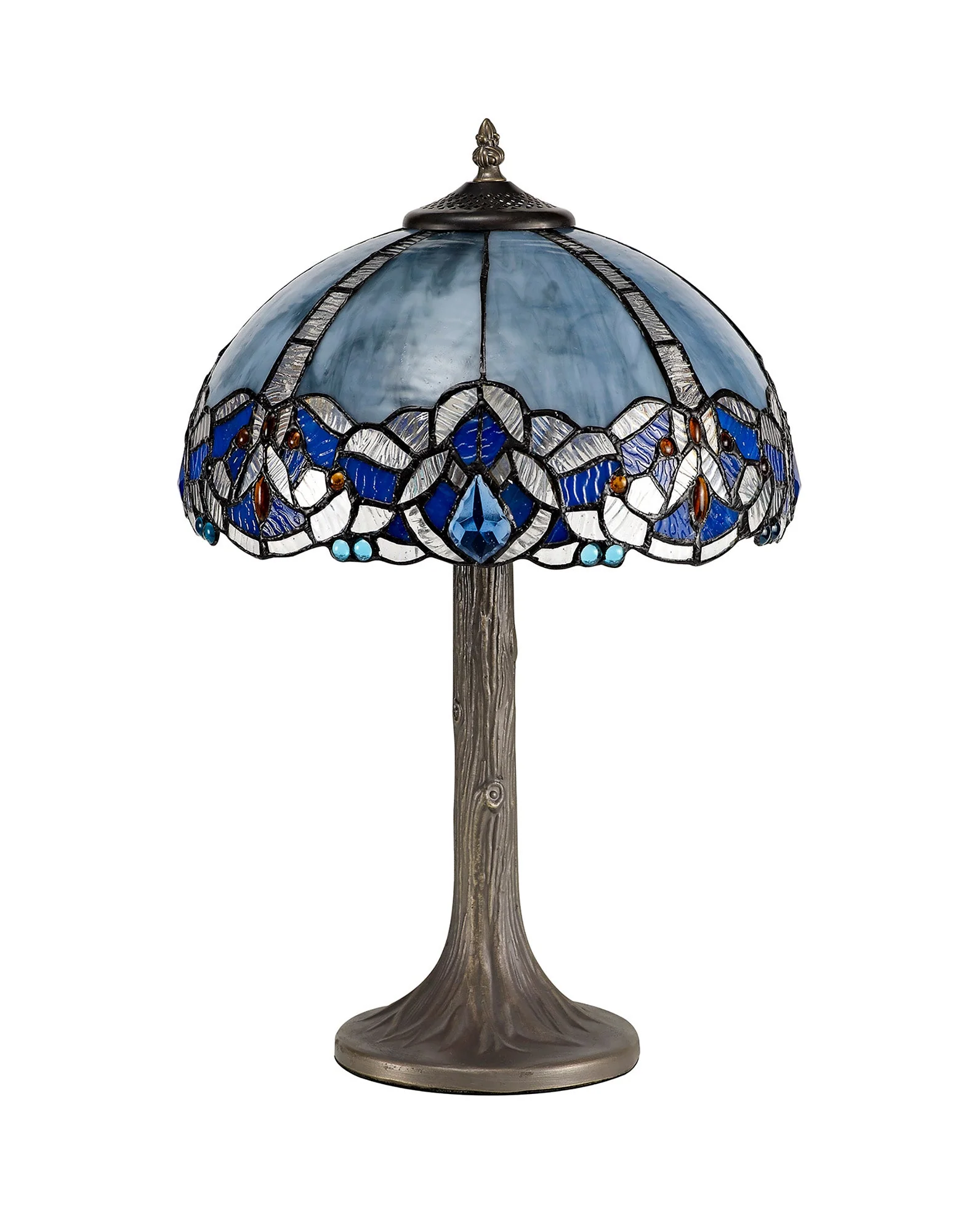 Oksana 1/2 Light Octagonal/Tree/Curved Table Lamp E27 With Tiffany Shade, Blue & Clear Crystal & Aged Antique Brass - Image 11