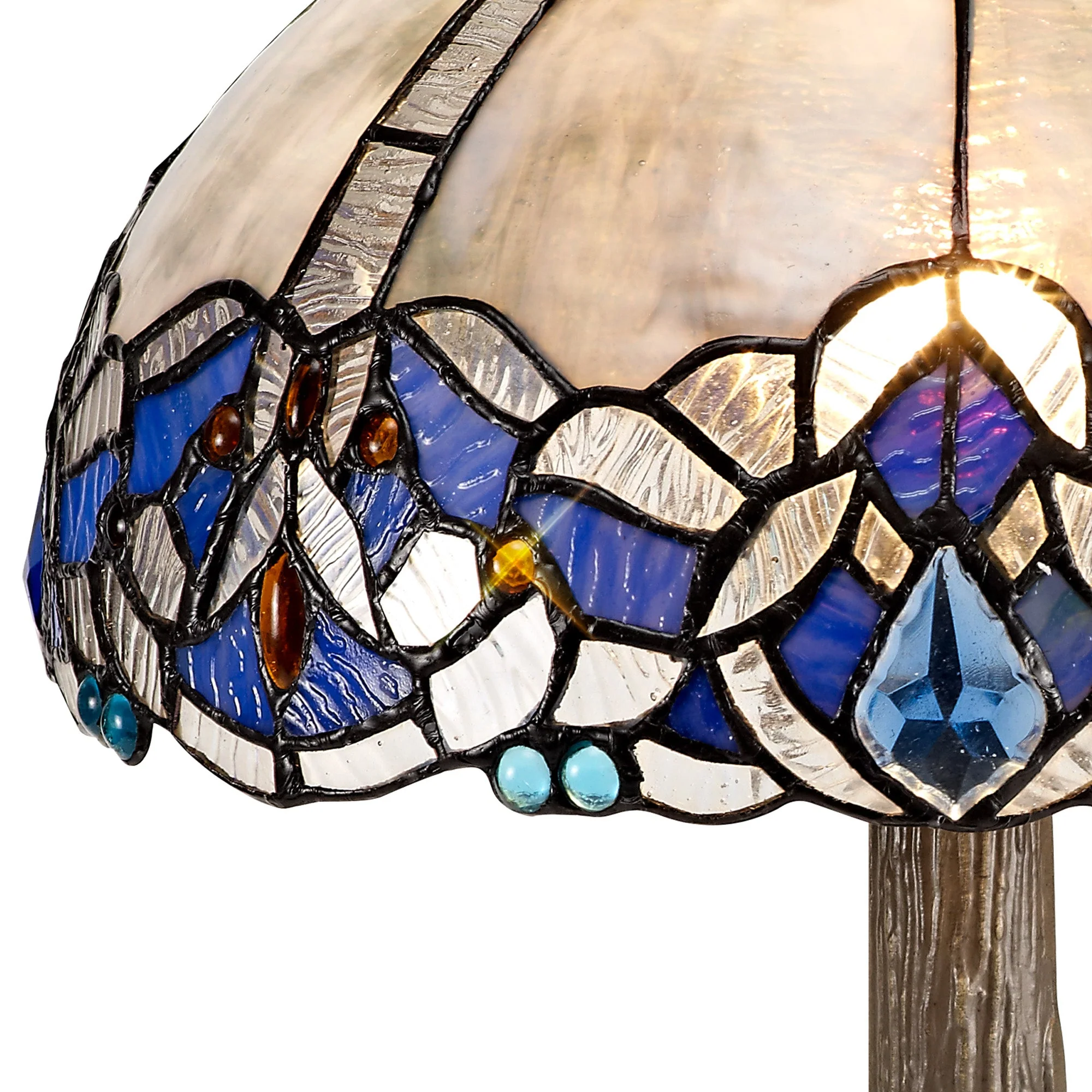 Oksana 1/2 Light Octagonal/Tree/Curved Table Lamp E27 With Tiffany Shade, Blue & Clear Crystal & Aged Antique Brass - Image 13