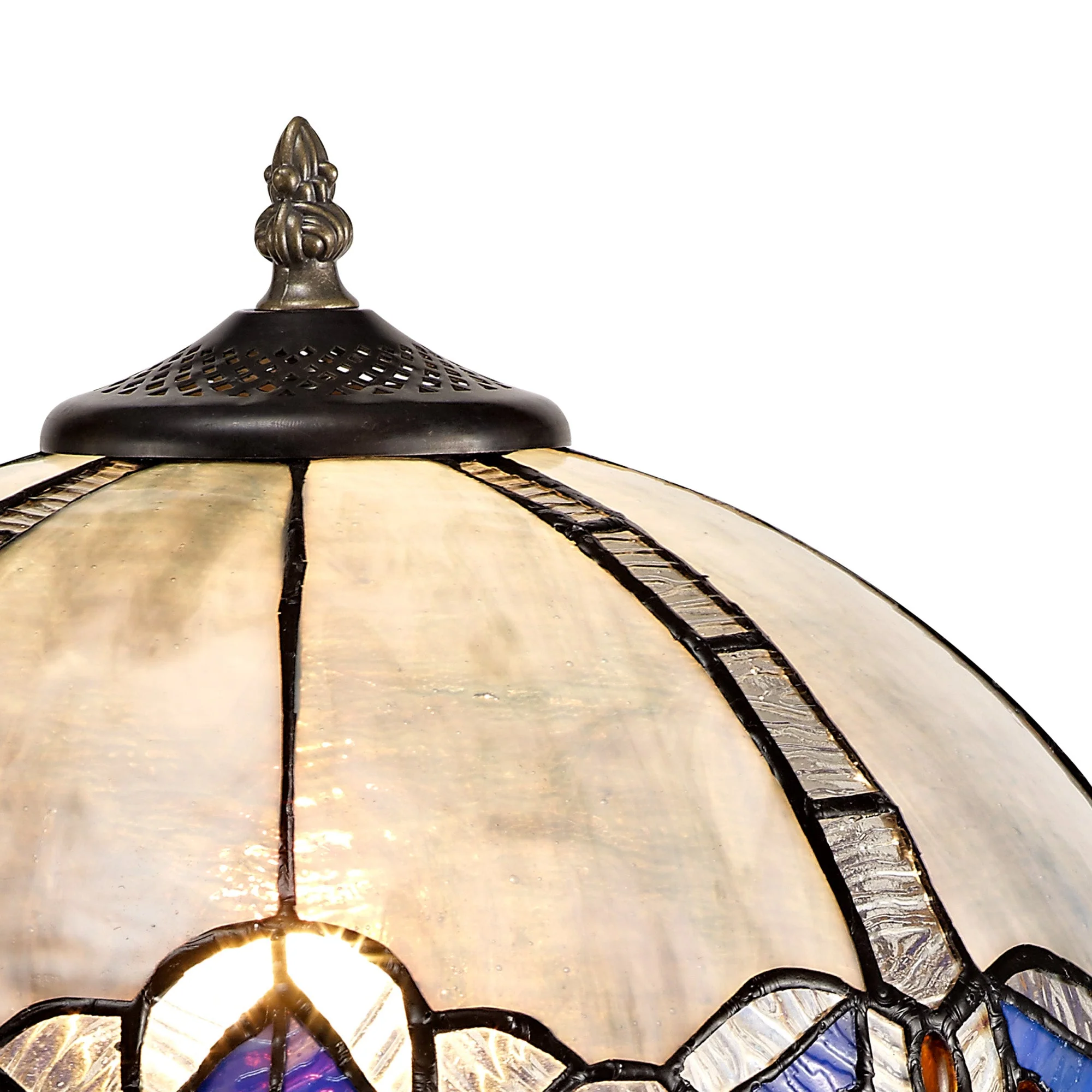 Oksana 1/2 Light Octagonal/Tree/Curved Table Lamp E27 With Tiffany Shade, Blue & Clear Crystal & Aged Antique Brass - Image 14