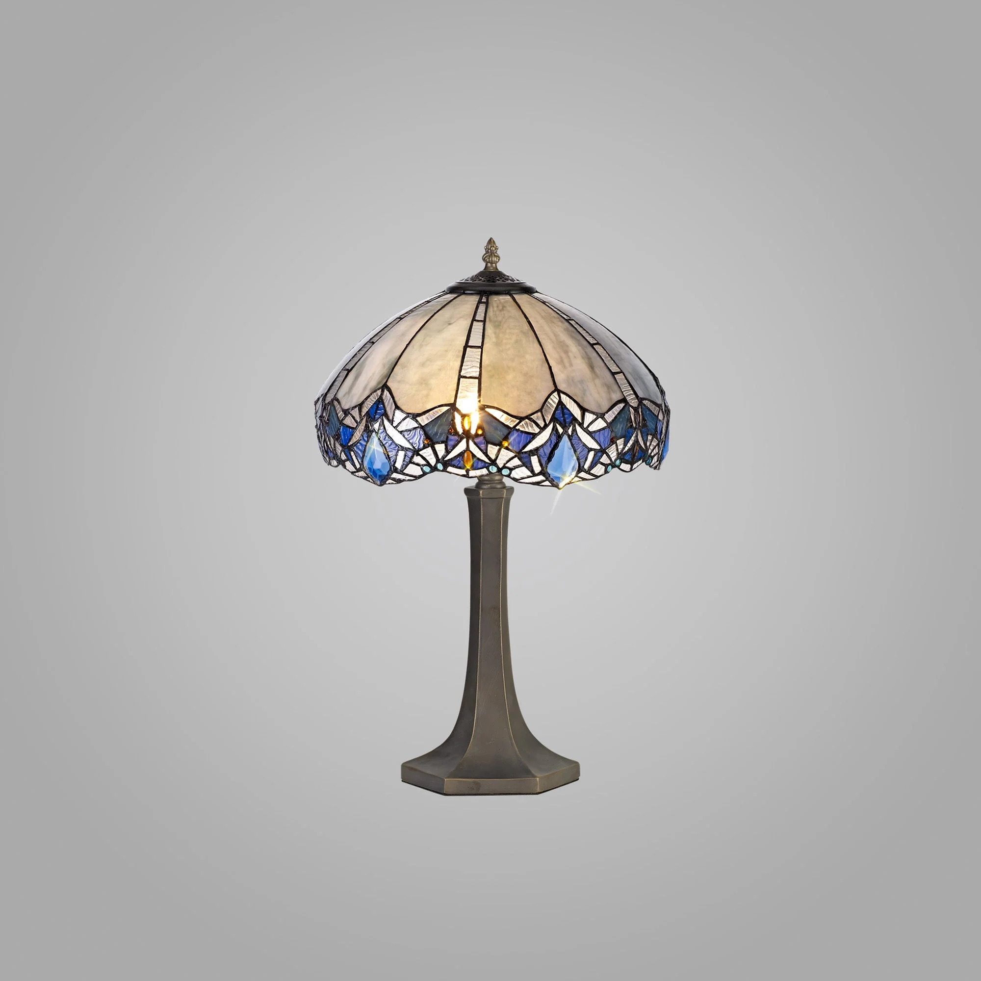 Oksana 1/2 Light Octagonal/Tree/Curved Table Lamp E27 With Tiffany Shade, Blue & Clear Crystal & Aged Antique Brass - Image 15