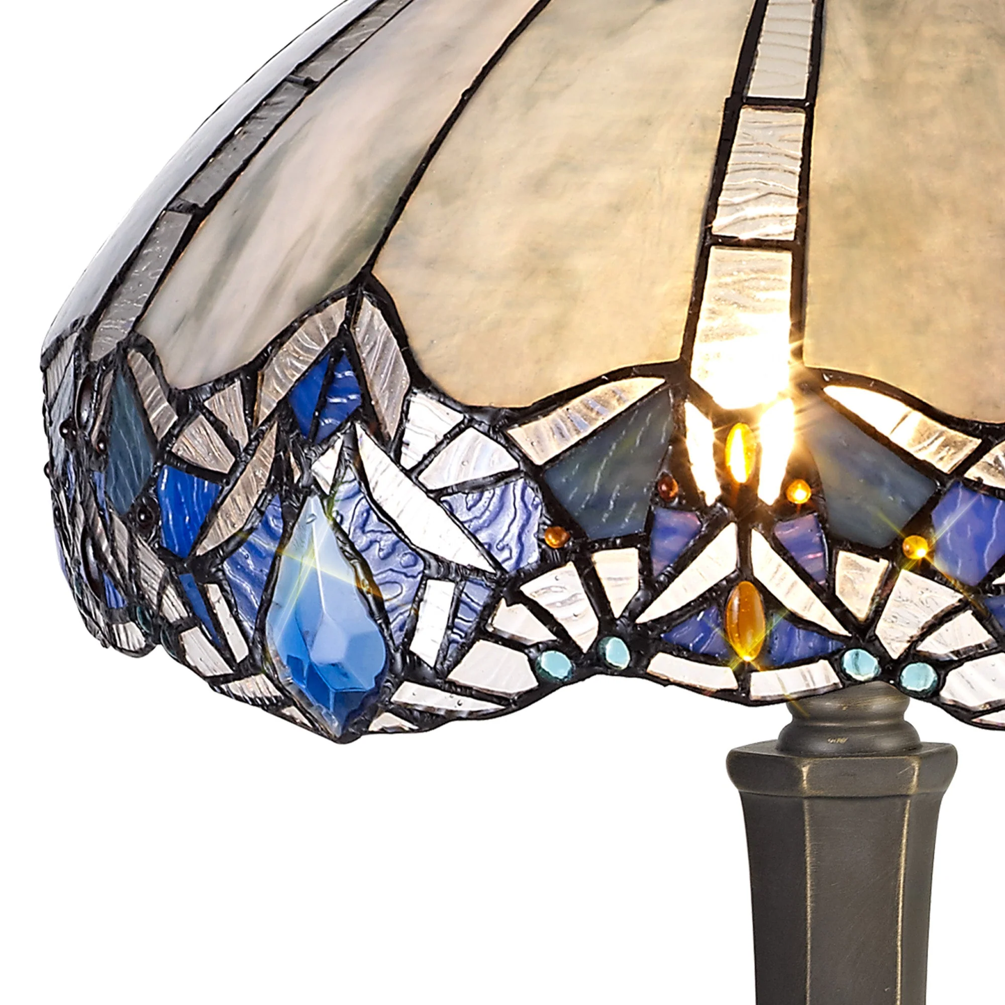 Oksana 1/2 Light Octagonal/Tree/Curved Table Lamp E27 With Tiffany Shade, Blue & Clear Crystal & Aged Antique Brass - Image 17