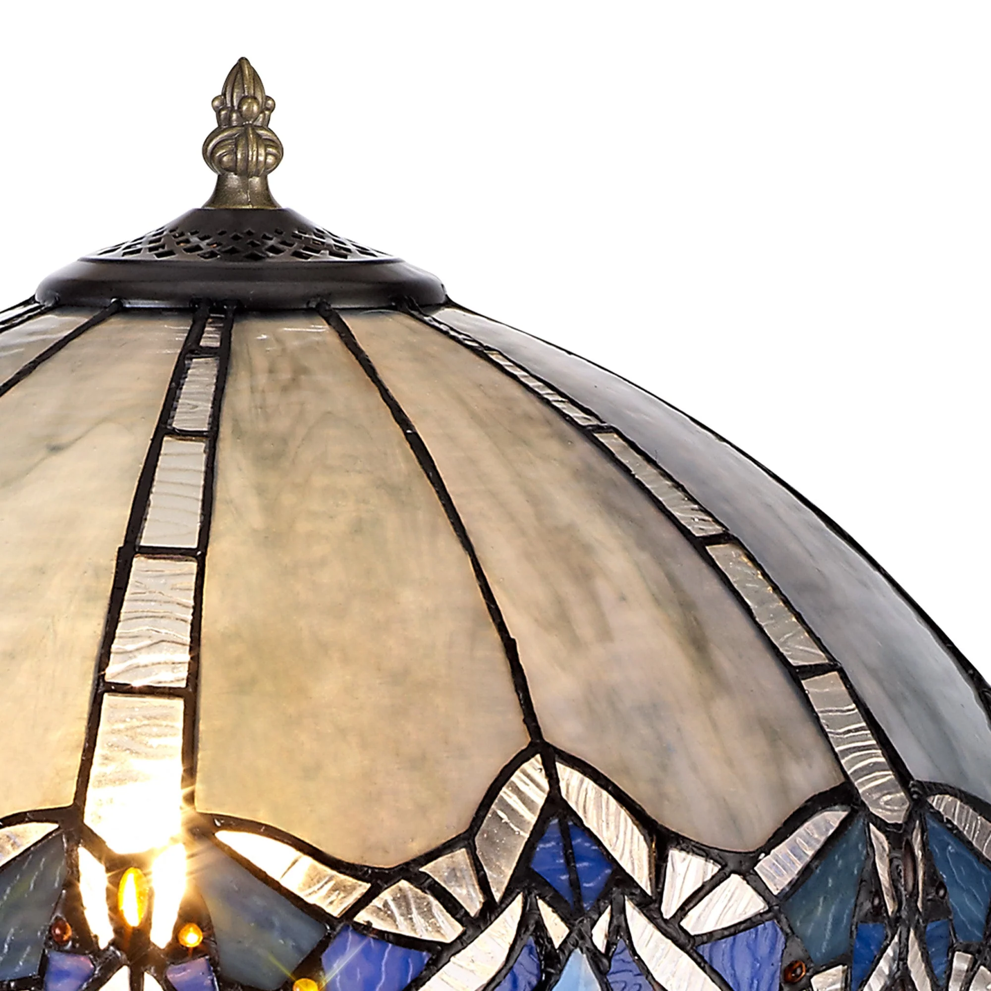 Oksana 1/2 Light Octagonal/Tree/Curved Table Lamp E27 With Tiffany Shade, Blue & Clear Crystal & Aged Antique Brass - Image 18