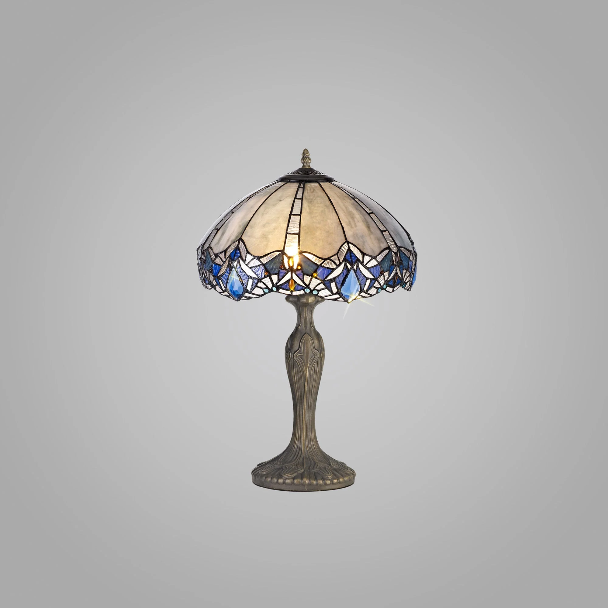 Oksana 1/2 Light Octagonal/Tree/Curved Table Lamp E27 With Tiffany Shade, Blue & Clear Crystal & Aged Antique Brass - Image 19