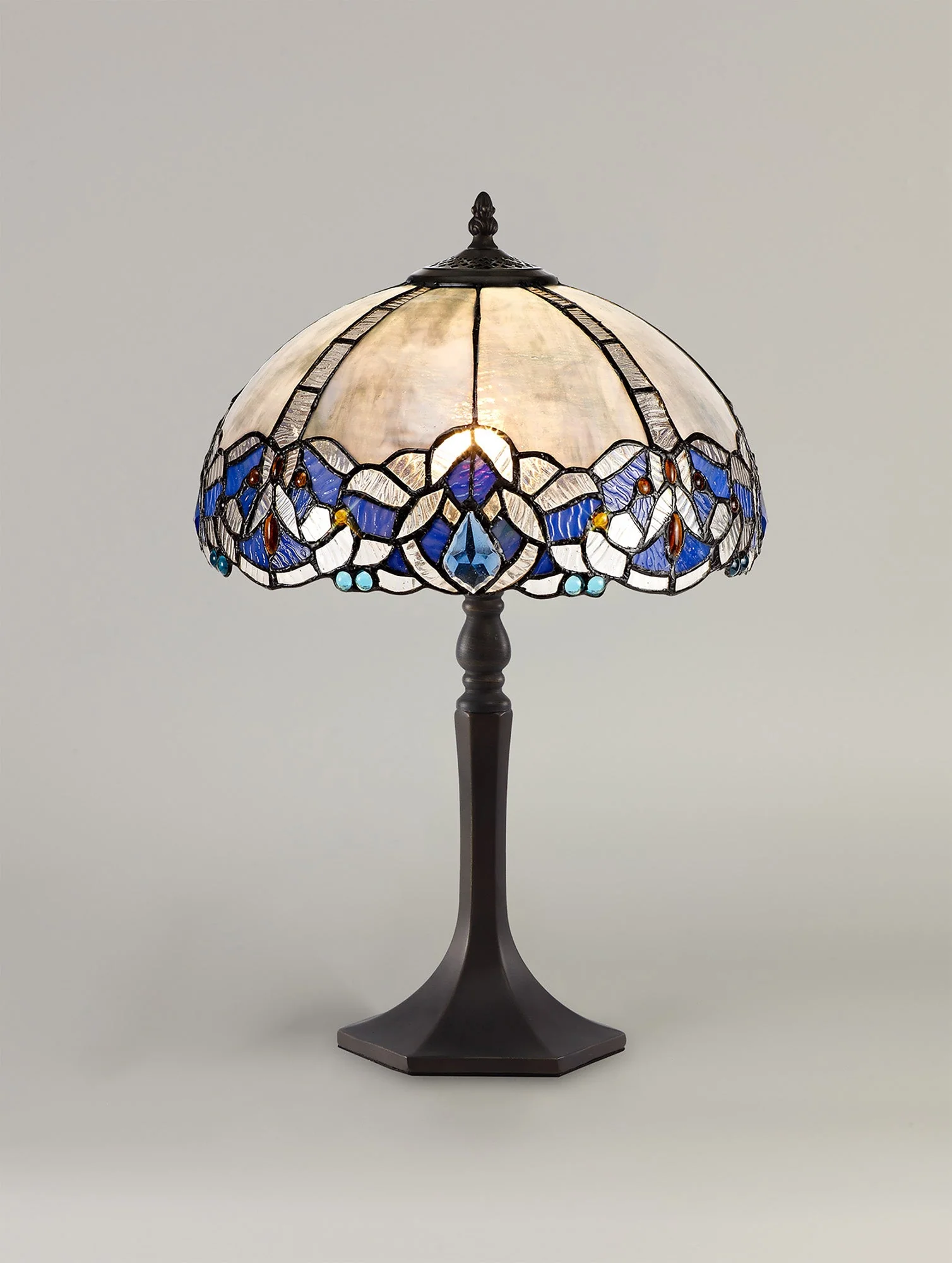 Oksana 1/2 Light Octagonal/Tree/Curved Table Lamp E27 With Tiffany Shade, Blue & Clear Crystal & Aged Antique Brass - Image 2