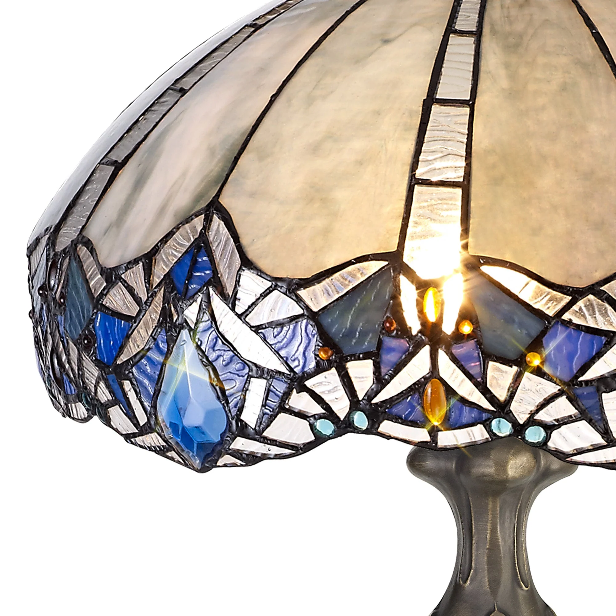 Oksana 1/2 Light Octagonal/Tree/Curved Table Lamp E27 With Tiffany Shade, Blue & Clear Crystal & Aged Antique Brass - Image 21