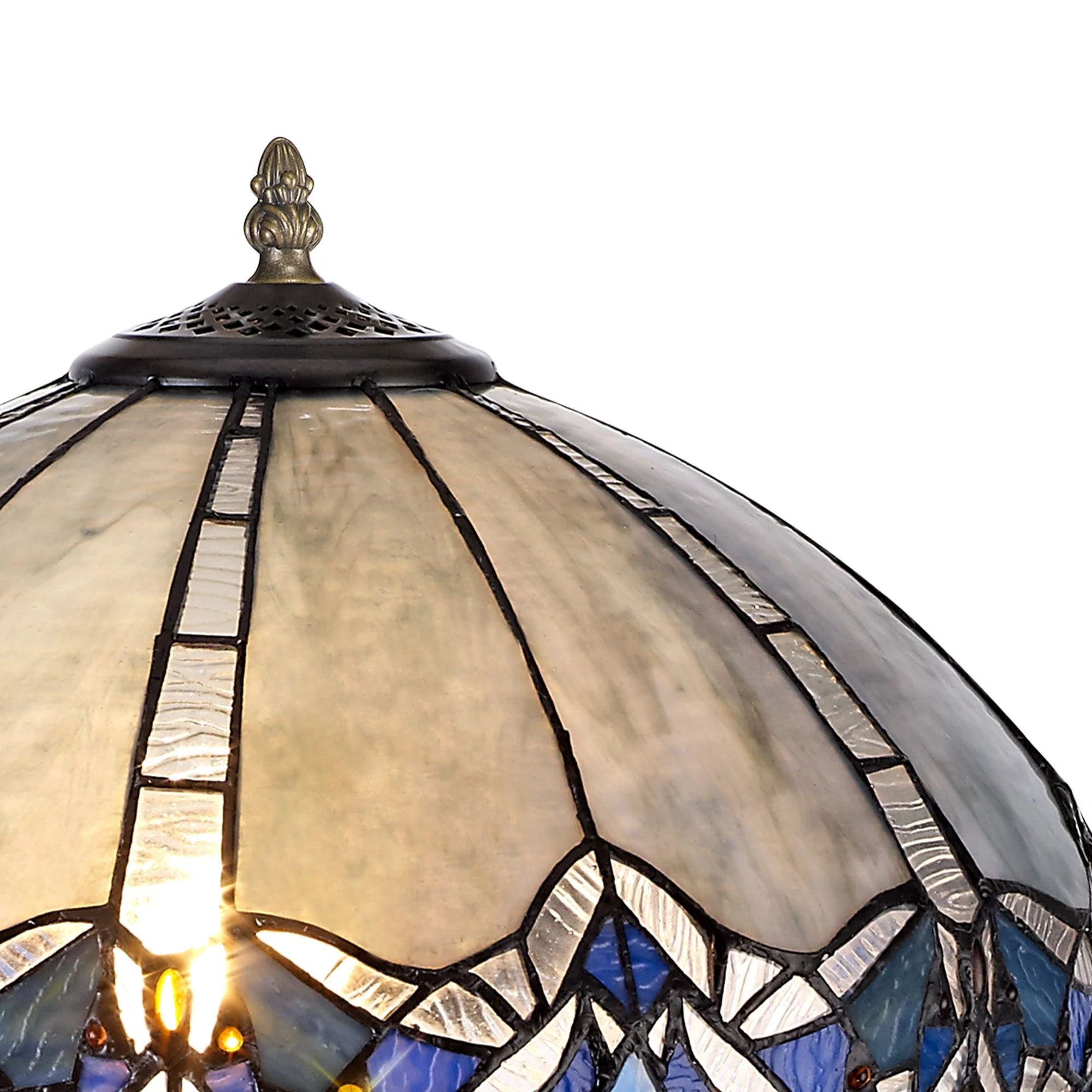 Oksana 1/2 Light Octagonal/Tree/Curved Table Lamp E27 With Tiffany Shade, Blue & Clear Crystal & Aged Antique Brass - Image 22