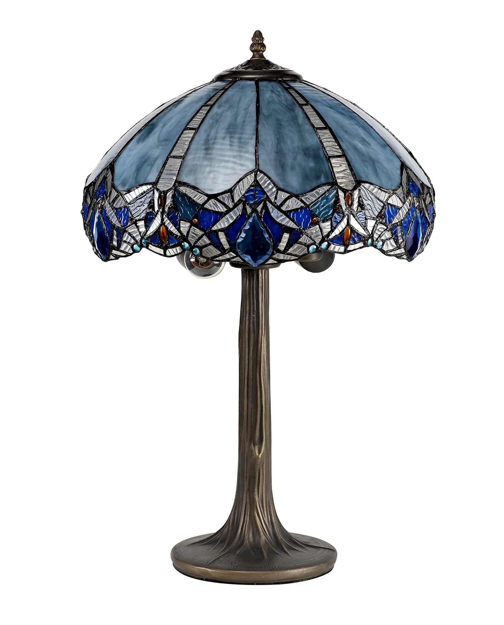 Oksana 1/2 Light Octagonal/Tree/Curved Table Lamp E27 With Tiffany Shade, Blue & Clear Crystal & Aged Antique Brass - Image 24