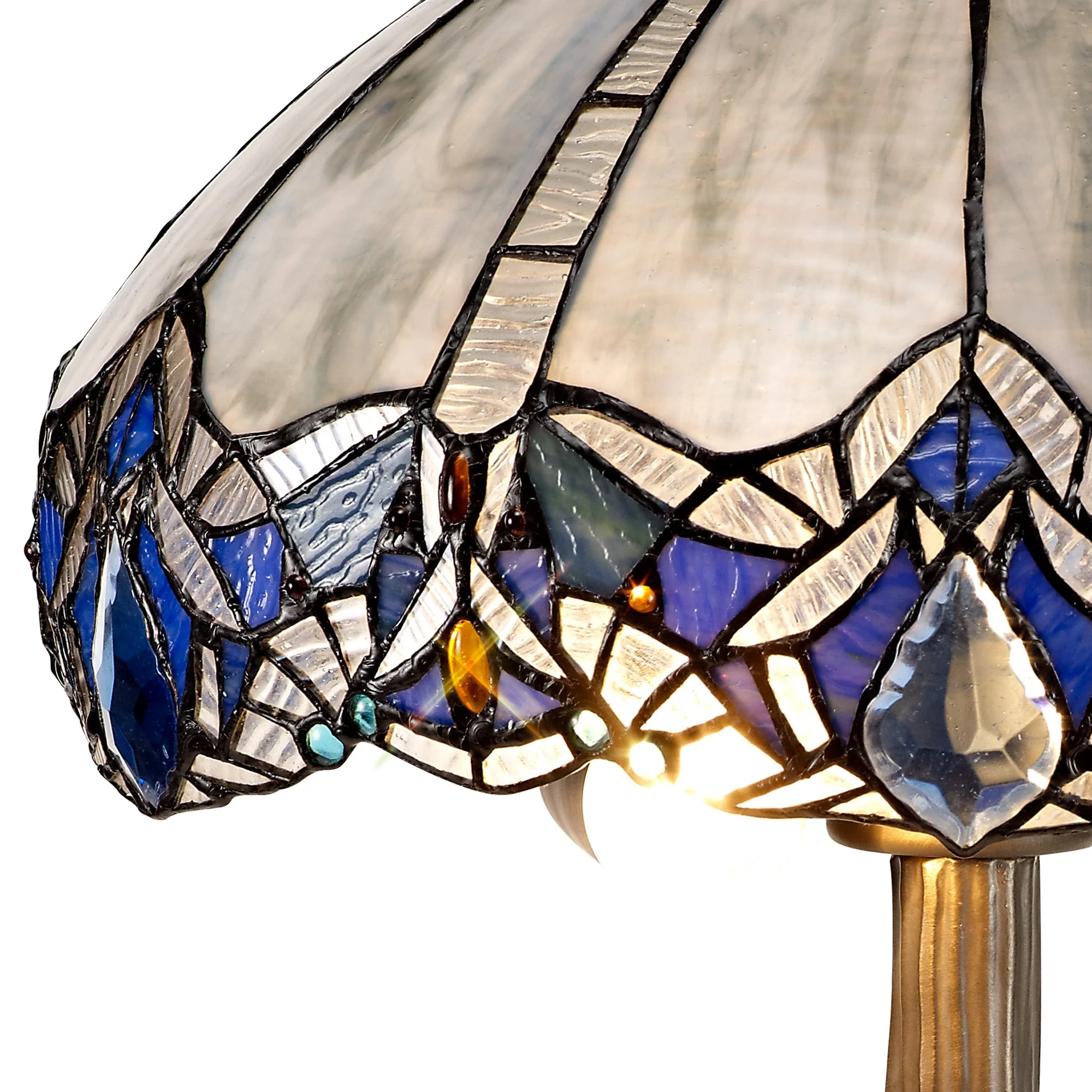 Oksana 1/2 Light Octagonal/Tree/Curved Table Lamp E27 With Tiffany Shade, Blue & Clear Crystal & Aged Antique Brass - Image 26