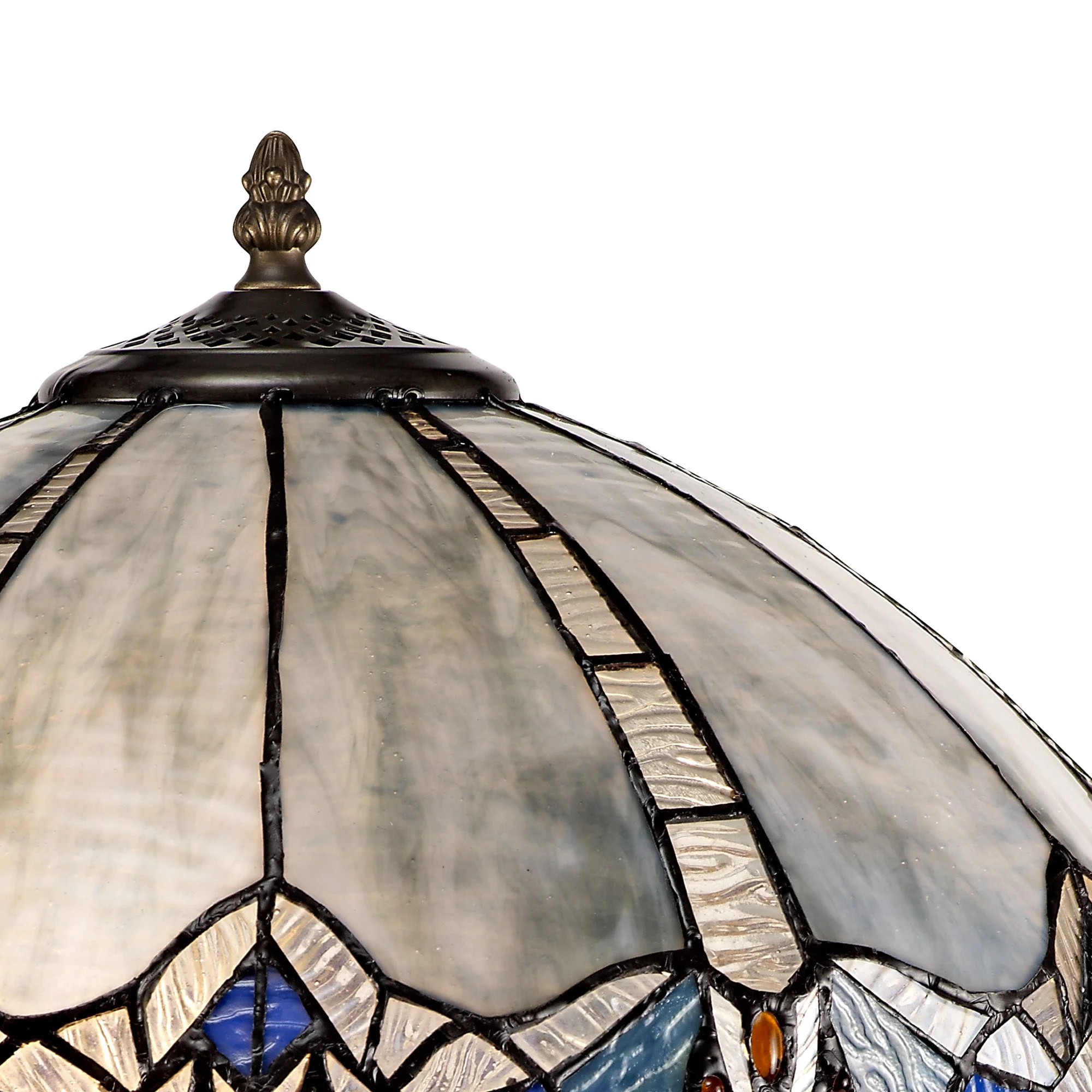 Oksana 1/2 Light Octagonal/Tree/Curved Table Lamp E27 With Tiffany Shade, Blue & Clear Crystal & Aged Antique Brass - Image 27