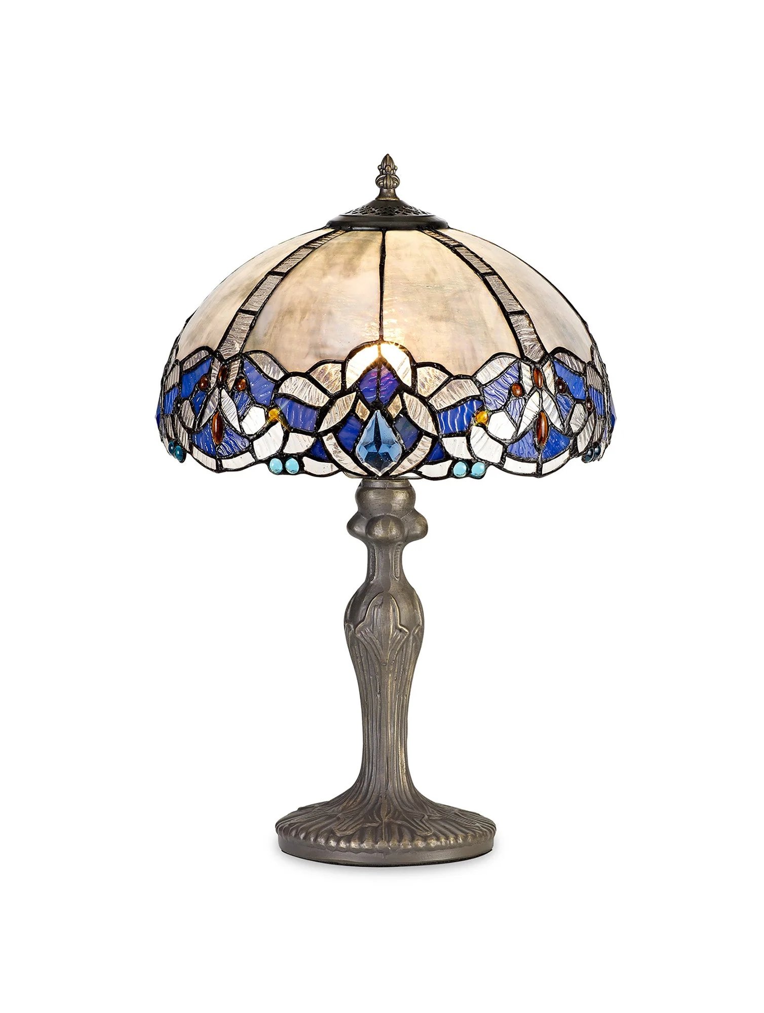 Oksana 1/2 Light Octagonal/Tree/Curved Table Lamp E27 With Tiffany Shade, Blue & Clear Crystal & Aged Antique Brass - Image 28
