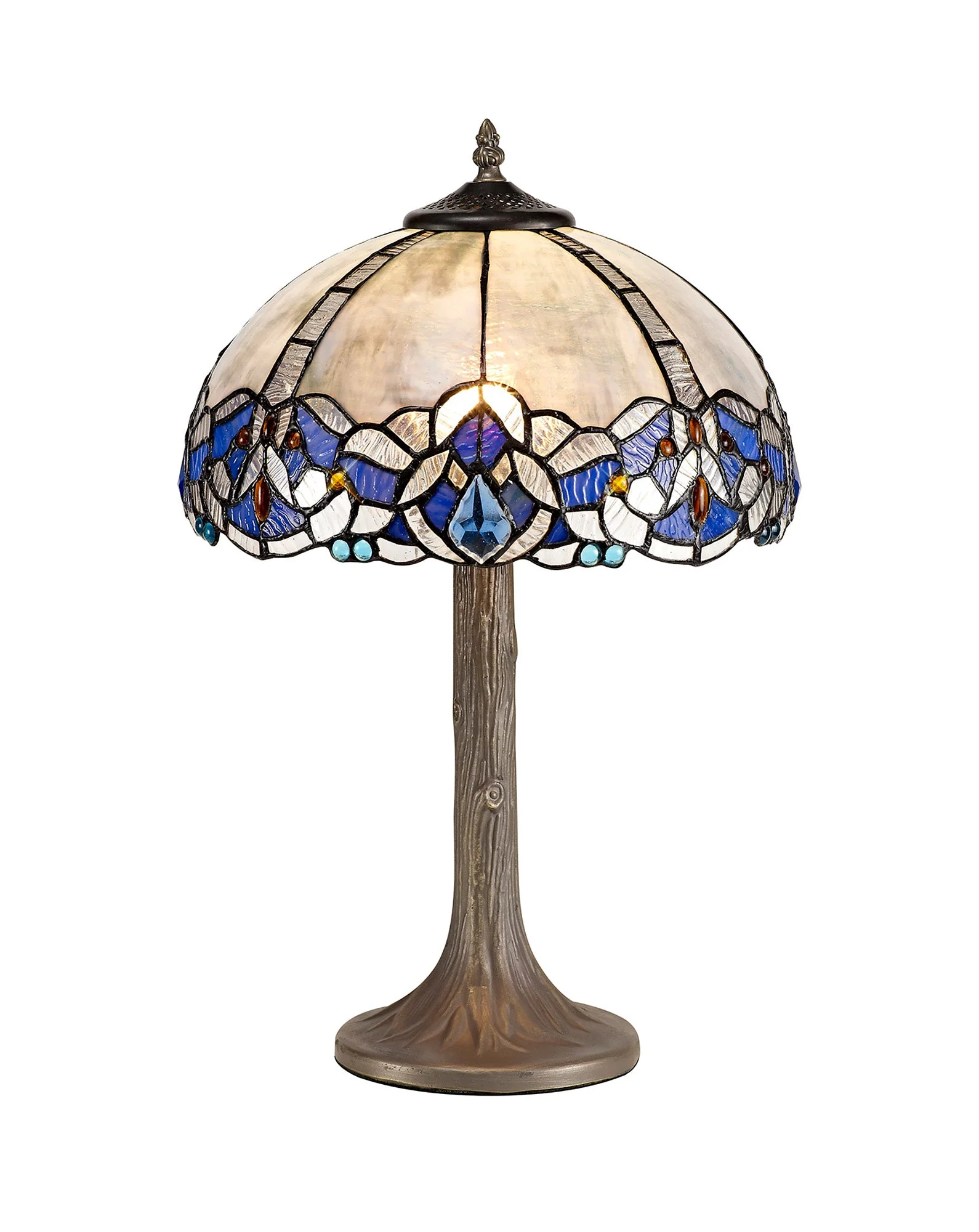 Oksana 1/2 Light Octagonal/Tree/Curved Table Lamp E27 With Tiffany Shade, Blue & Clear Crystal & Aged Antique Brass - Image 29