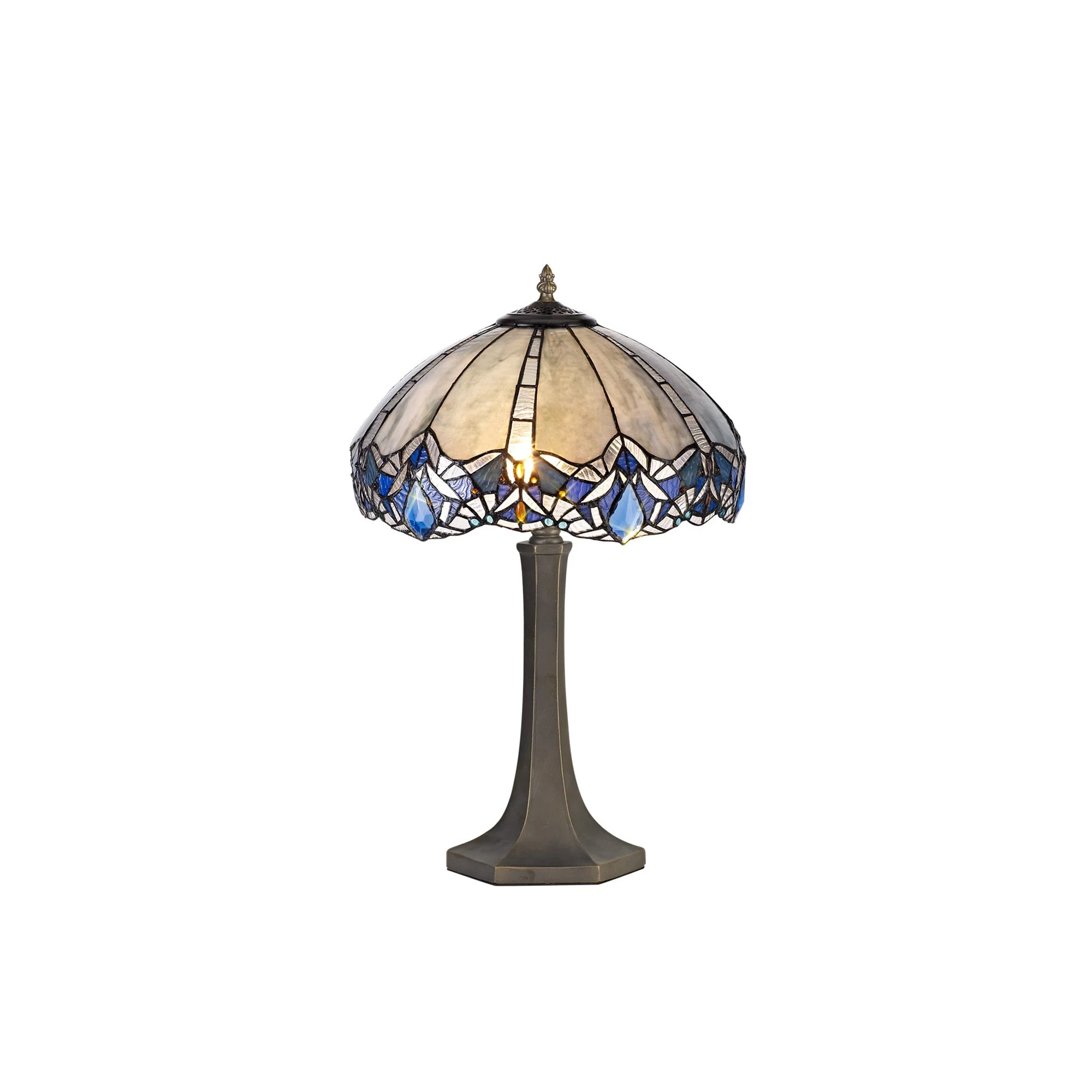 Oksana 1/2 Light Octagonal/Tree/Curved Table Lamp E27 With Tiffany Shade, Blue & Clear Crystal & Aged Antique Brass - Image 30