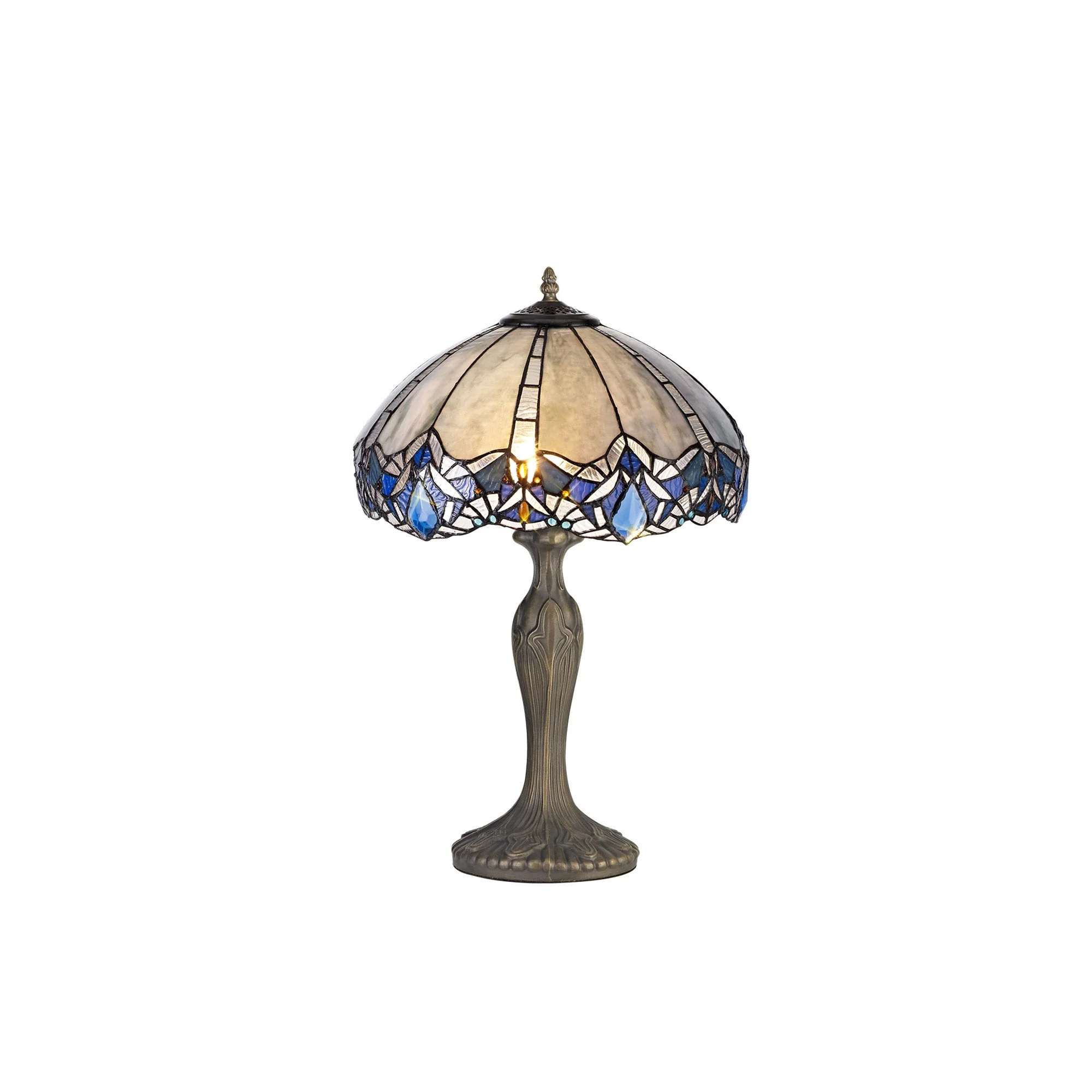 Oksana 1/2 Light Octagonal/Tree/Curved Table Lamp E27 With Tiffany Shade, Blue & Clear Crystal & Aged Antique Brass - Image 31