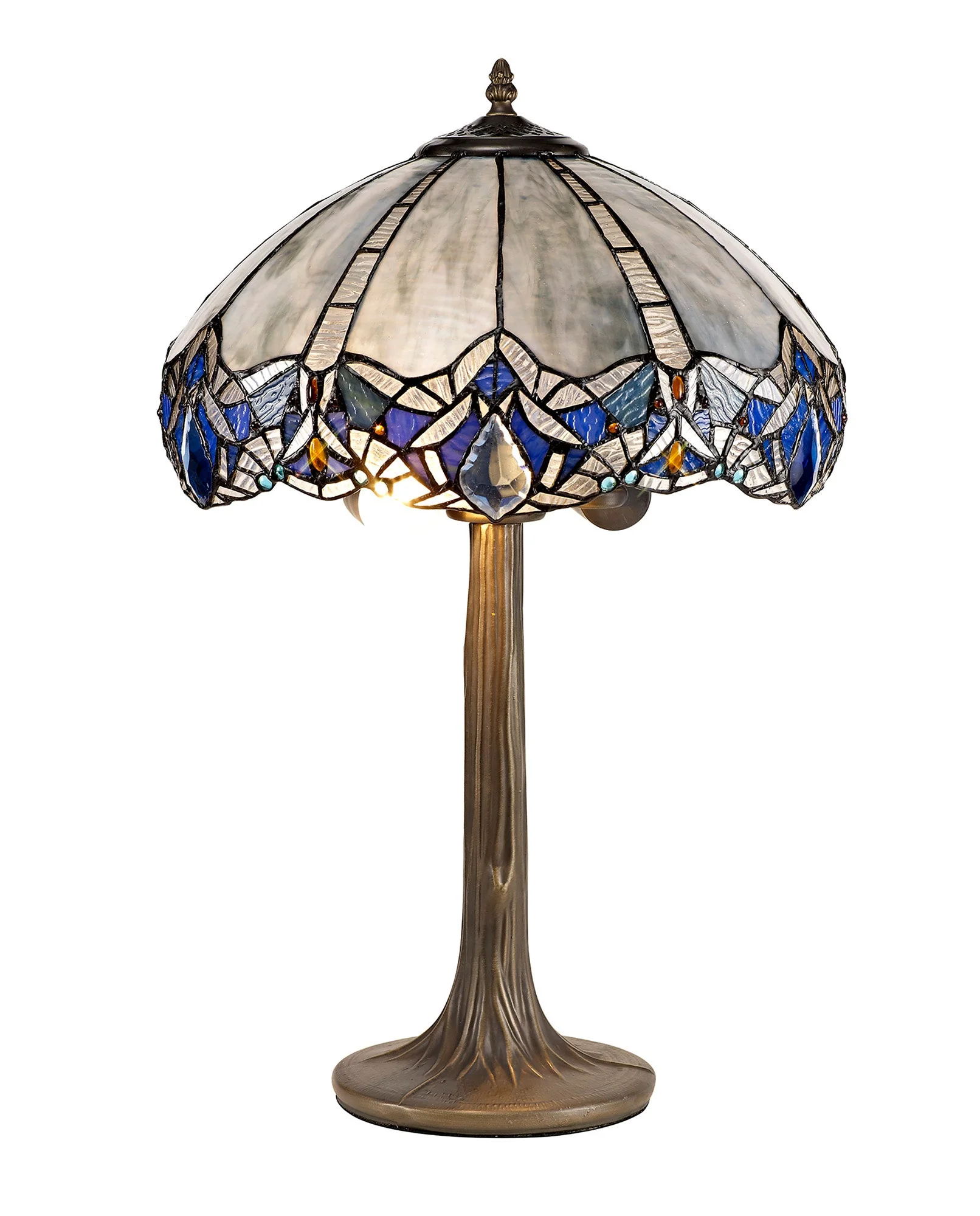 Oksana 1/2 Light Octagonal/Tree/Curved Table Lamp E27 With Tiffany Shade, Blue & Clear Crystal & Aged Antique Brass - Image 32