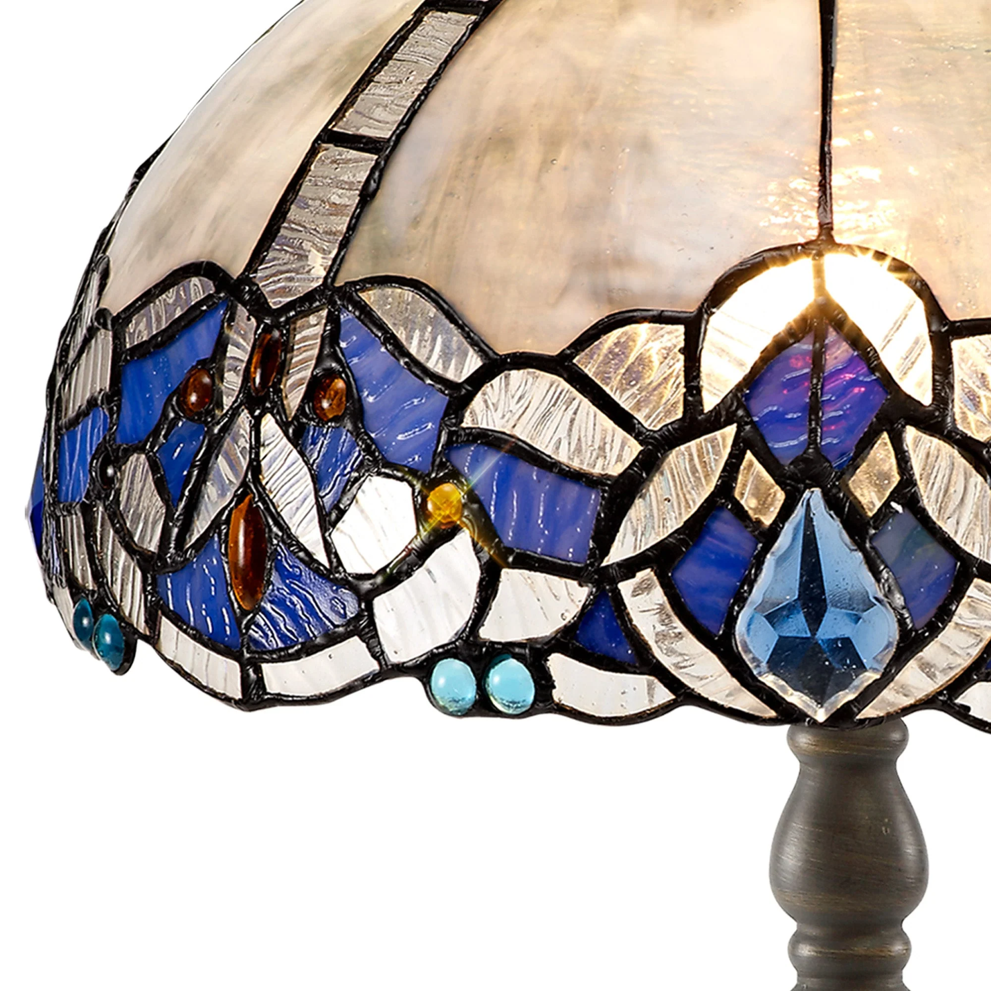 Oksana 1/2 Light Octagonal/Tree/Curved Table Lamp E27 With Tiffany Shade, Blue & Clear Crystal & Aged Antique Brass - Image 4