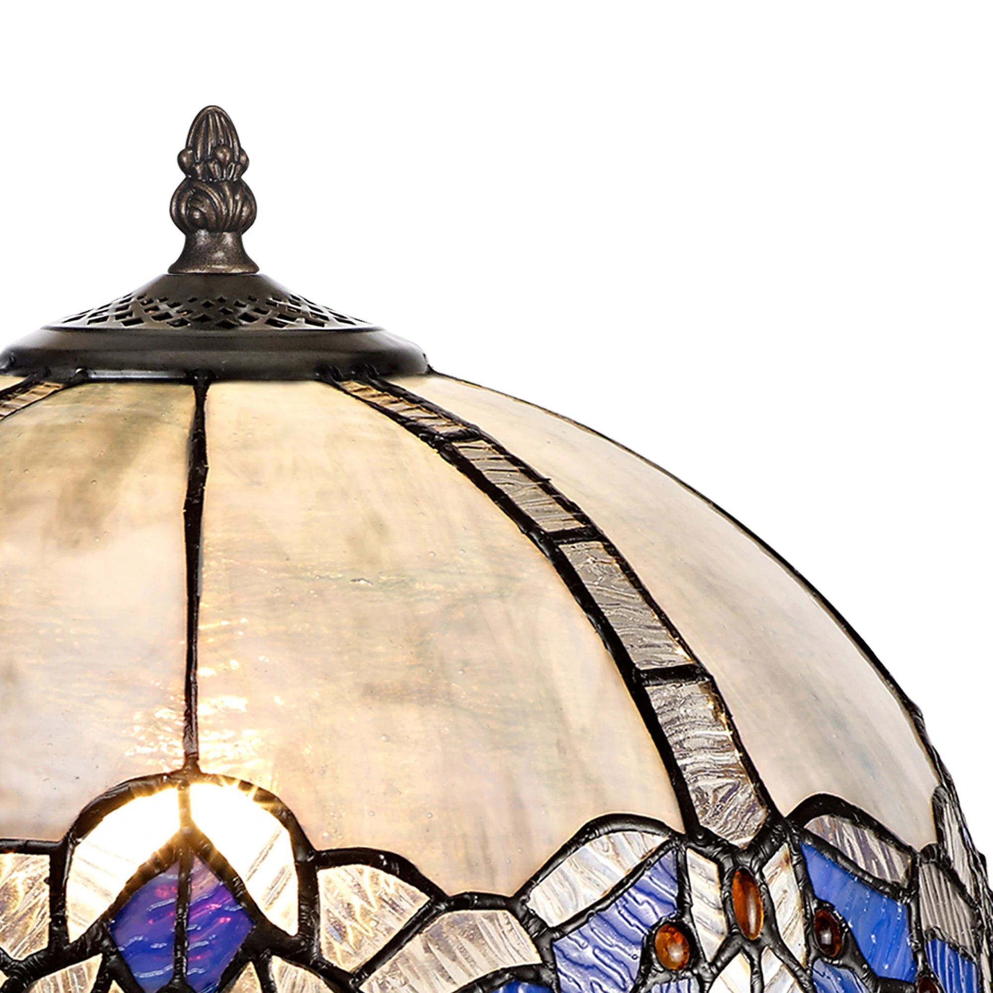 Oksana 1/2 Light Octagonal/Tree/Curved Table Lamp E27 With Tiffany Shade, Blue & Clear Crystal & Aged Antique Brass - Image 5