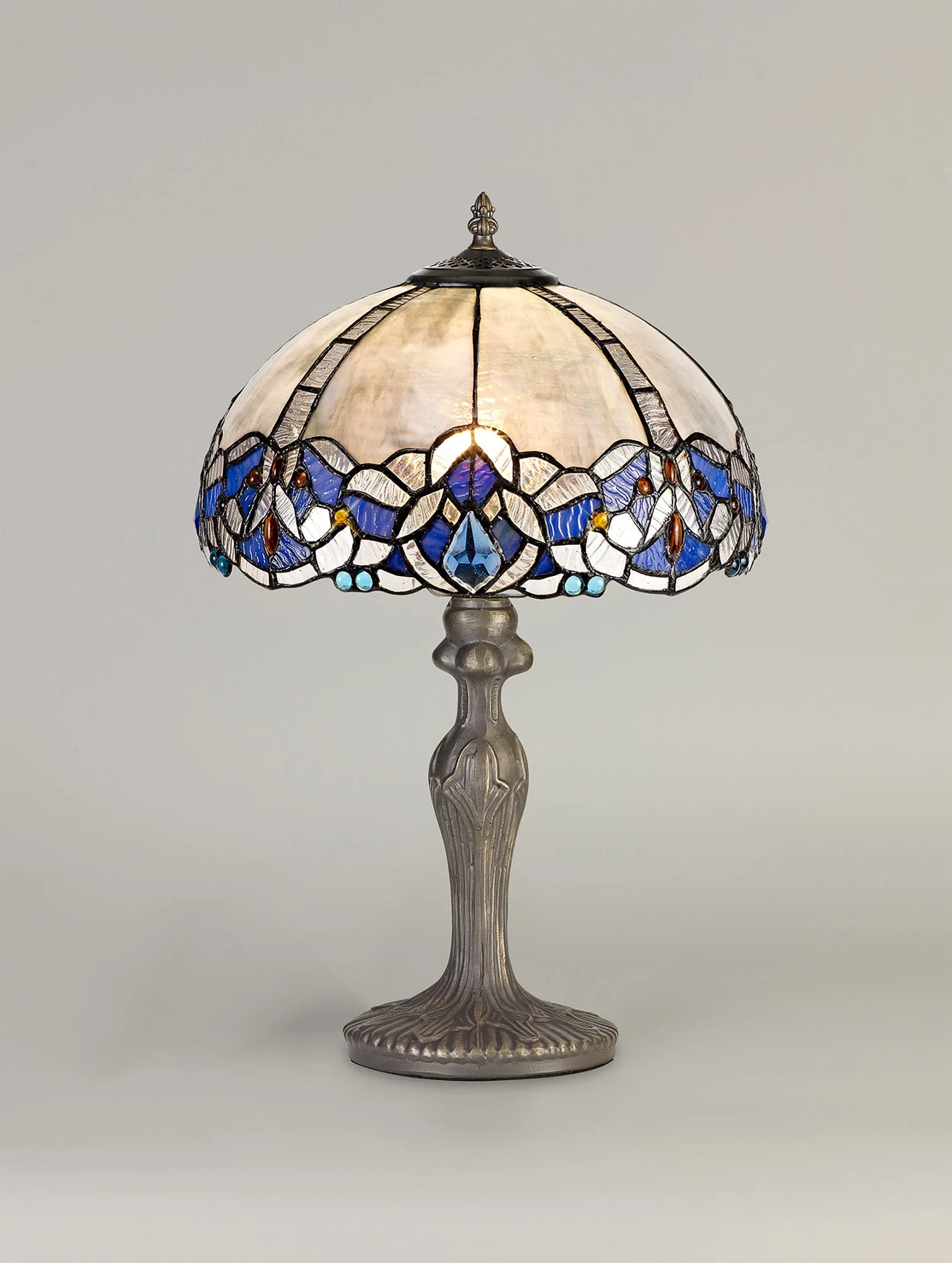 Oksana 1/2 Light Octagonal/Tree/Curved Table Lamp E27 With Tiffany Shade, Blue & Clear Crystal & Aged Antique Brass - Image 6