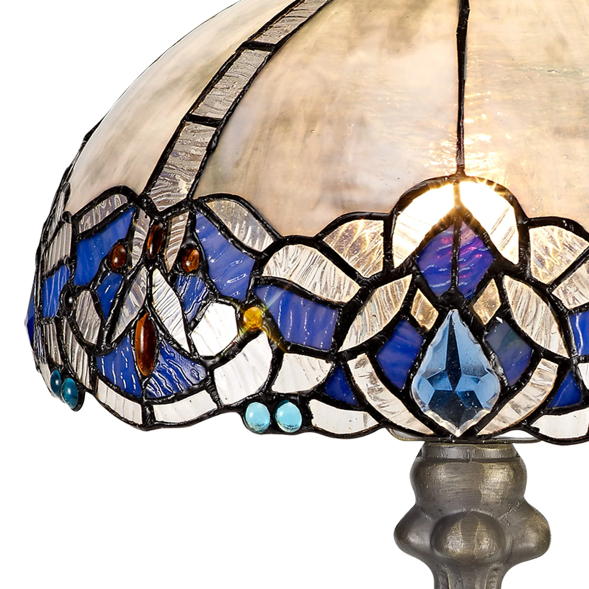 Oksana 1/2 Light Octagonal/Tree/Curved Table Lamp E27 With Tiffany Shade, Blue & Clear Crystal & Aged Antique Brass - Image 8