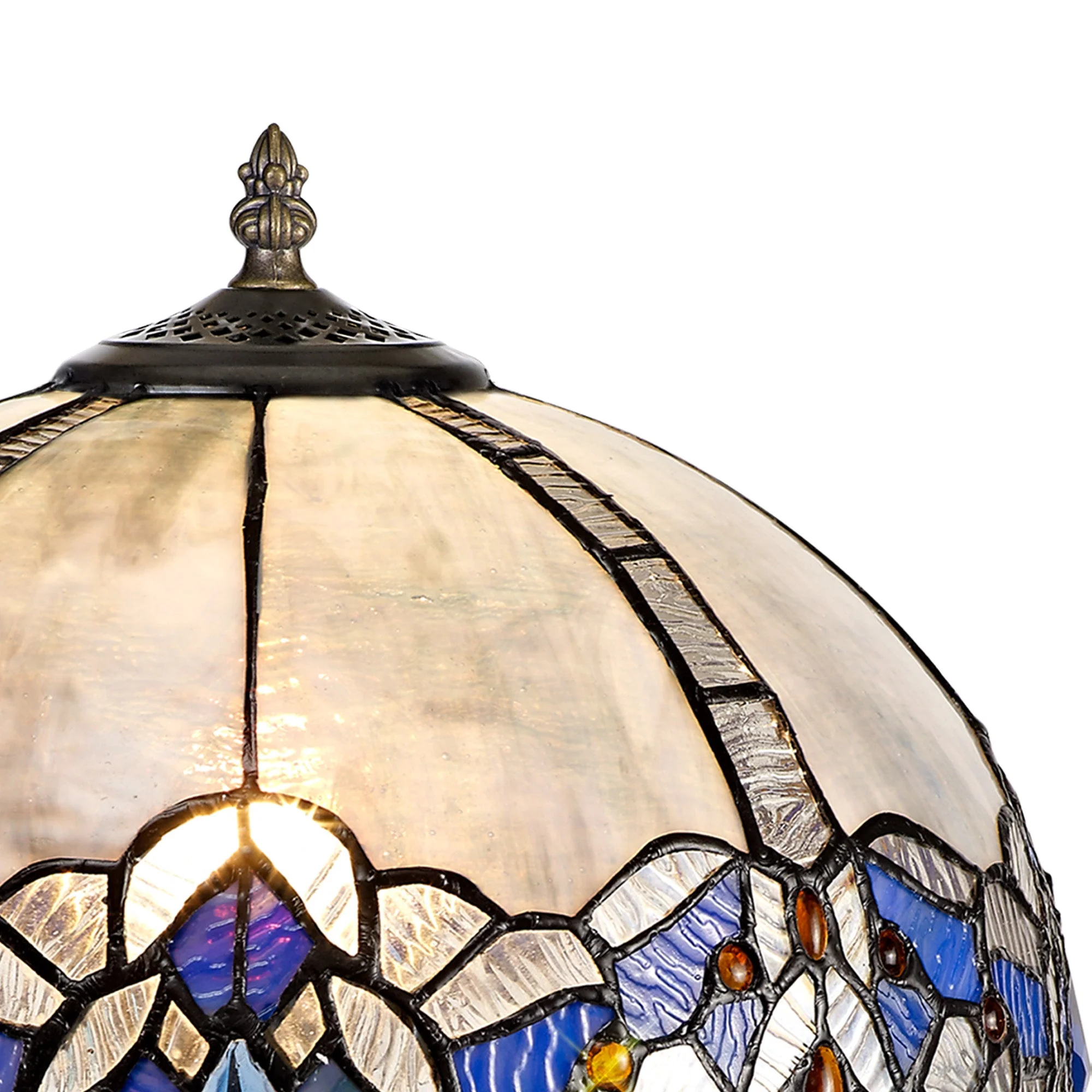 Oksana 1/2 Light Octagonal/Tree/Curved Table Lamp E27 With Tiffany Shade, Blue & Clear Crystal & Aged Antique Brass - Image 9