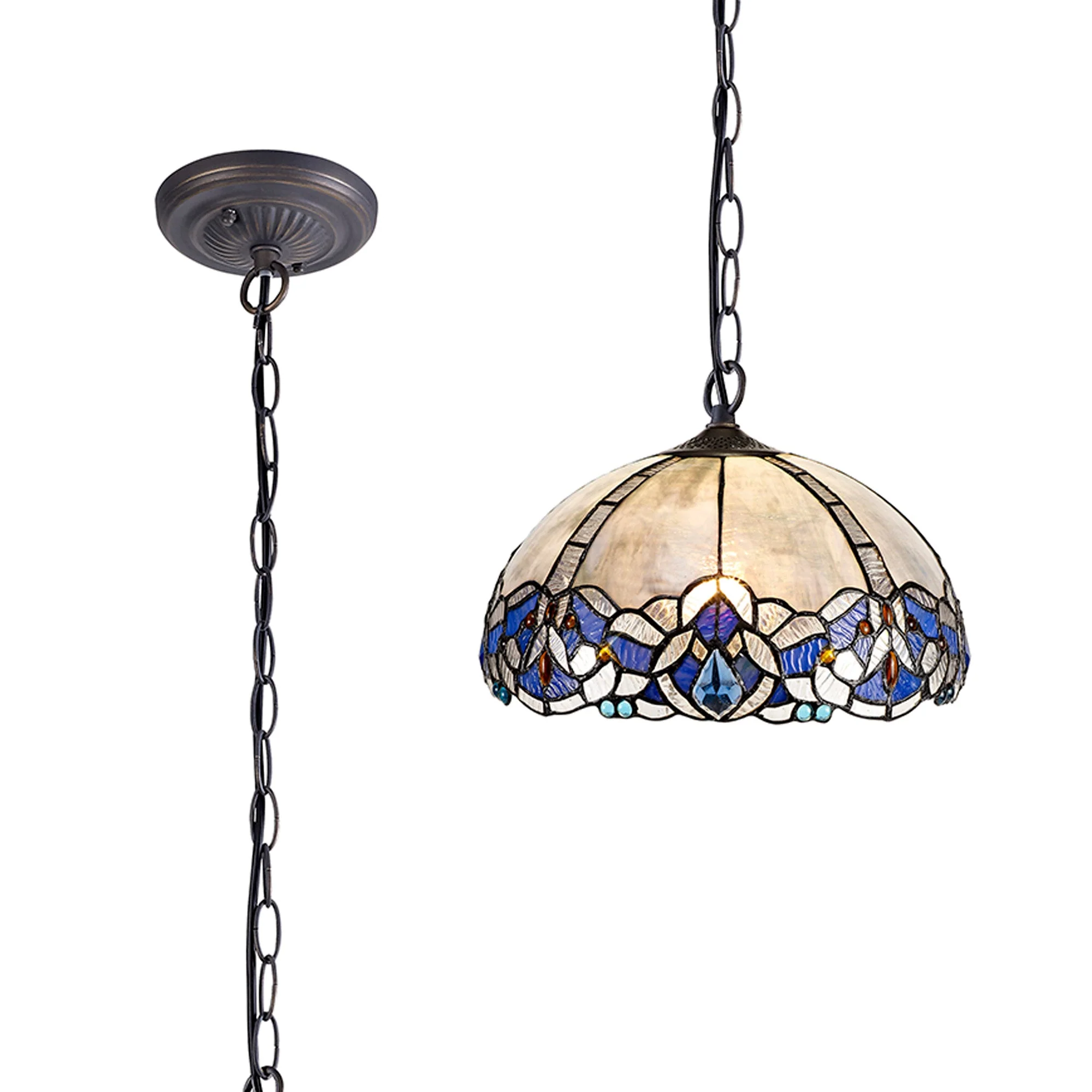 Oksana 1 Light Downlight Pendant E27 With Medium/Large Tiffany Shade, Blue & Clear Crystal & Aged Antique Brass - Image 13