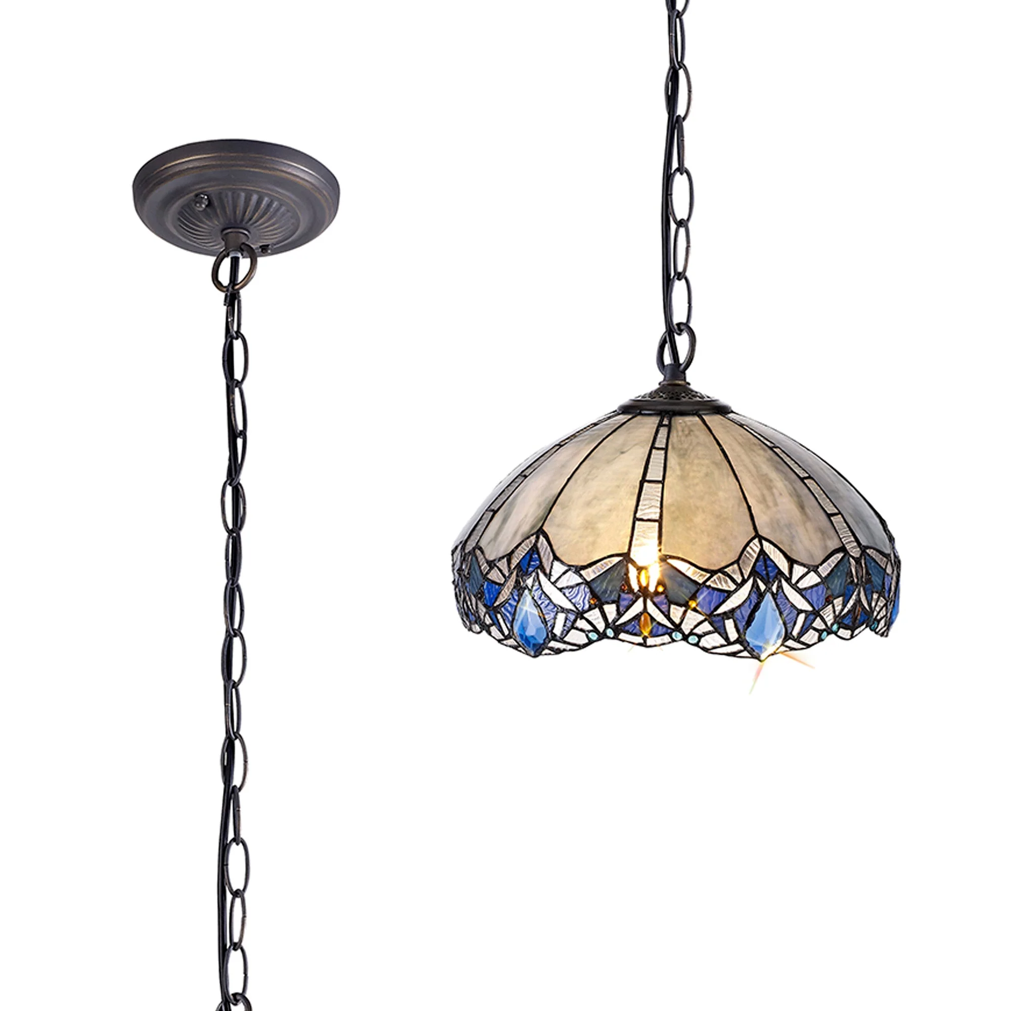 Oksana 1 Light Downlight Pendant E27 With Medium/Large Tiffany Shade, Blue & Clear Crystal & Aged Antique Brass - Image 14